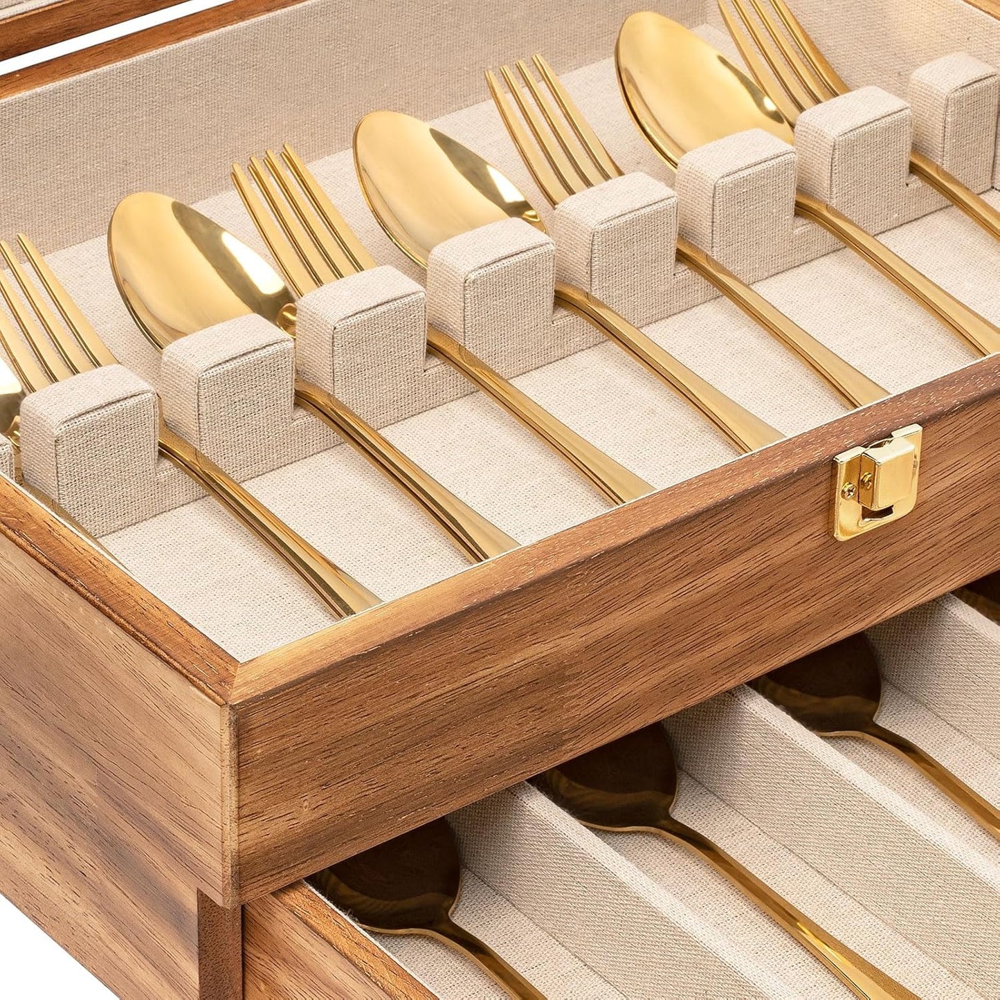 Silverware Storage Box, 2-Layer Flatware Storage Case with Drawer, Wooden Silverware Chest with Linen Liner, Rustic Silverware Case for Storing Fine Flatware and Utensils (Brown)