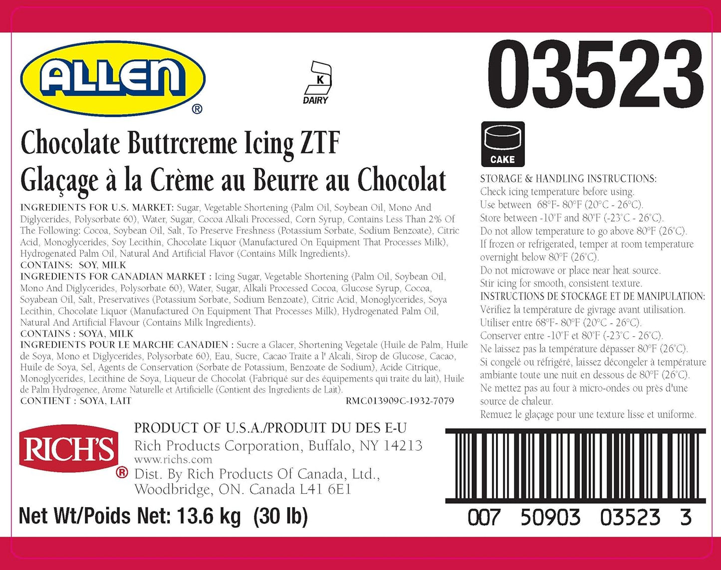 Rich's JW Allen Pre-Whipped Chocolate Buttercreme Icing ZTF, 30 lb