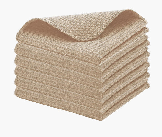 PurpleEssences Dish Cloths and Dish Rags - 6 Pack Waffle Weave Solid Kitchen Dish Wash Cloths, 100% Cotton, 12 x 12 Inches, Ultra Soft Absorbent Quick Drying - Beige