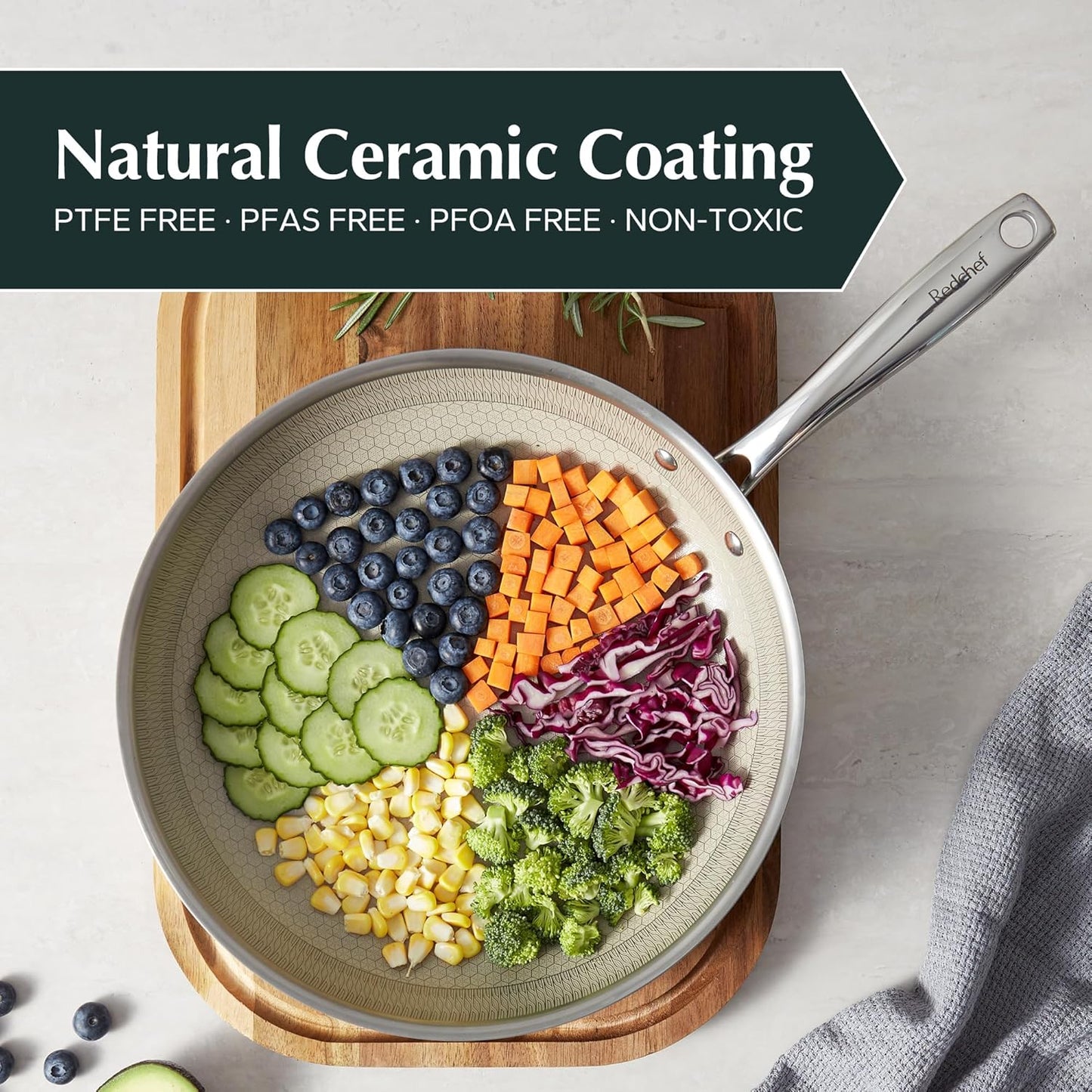 Redchef Non Stick Frying Pans, Hybrid 10 Inch Ceramic Frying Pan, Tri-Ply Stainless Steel Skillet, Non Toxic, PFAS PFOA & PTFE Free, Dishwasher & Oven Safe, Compatible with All Cooktops