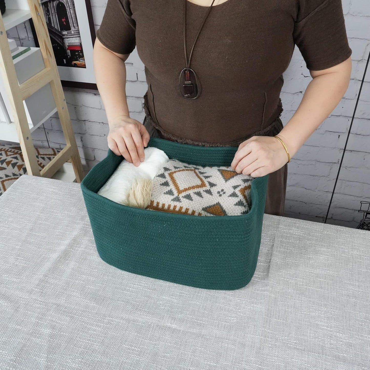 Cotton Rope storage Basket Bins14.5X9.5X9.3“ Basket for Organizing Shelves Rectangle Decorative Baskets For storage Clothes Toys Books Towels Square Wicker Nursery basket organizer 3 pack Dark green