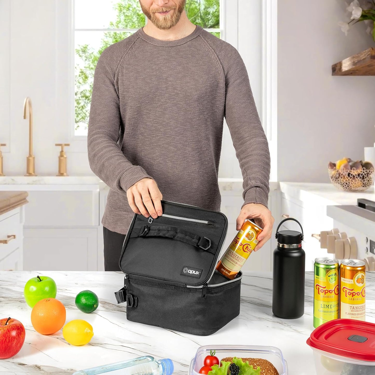 opux Insulated Lunch Box for Men Women Adult, Compact Lunch Bag for Kids Boy Girl Teen, Soft Lunch Cooler Bag for Work School, Leakproof Lunchbox Lunch Pail with Clip-on Buckle, Black