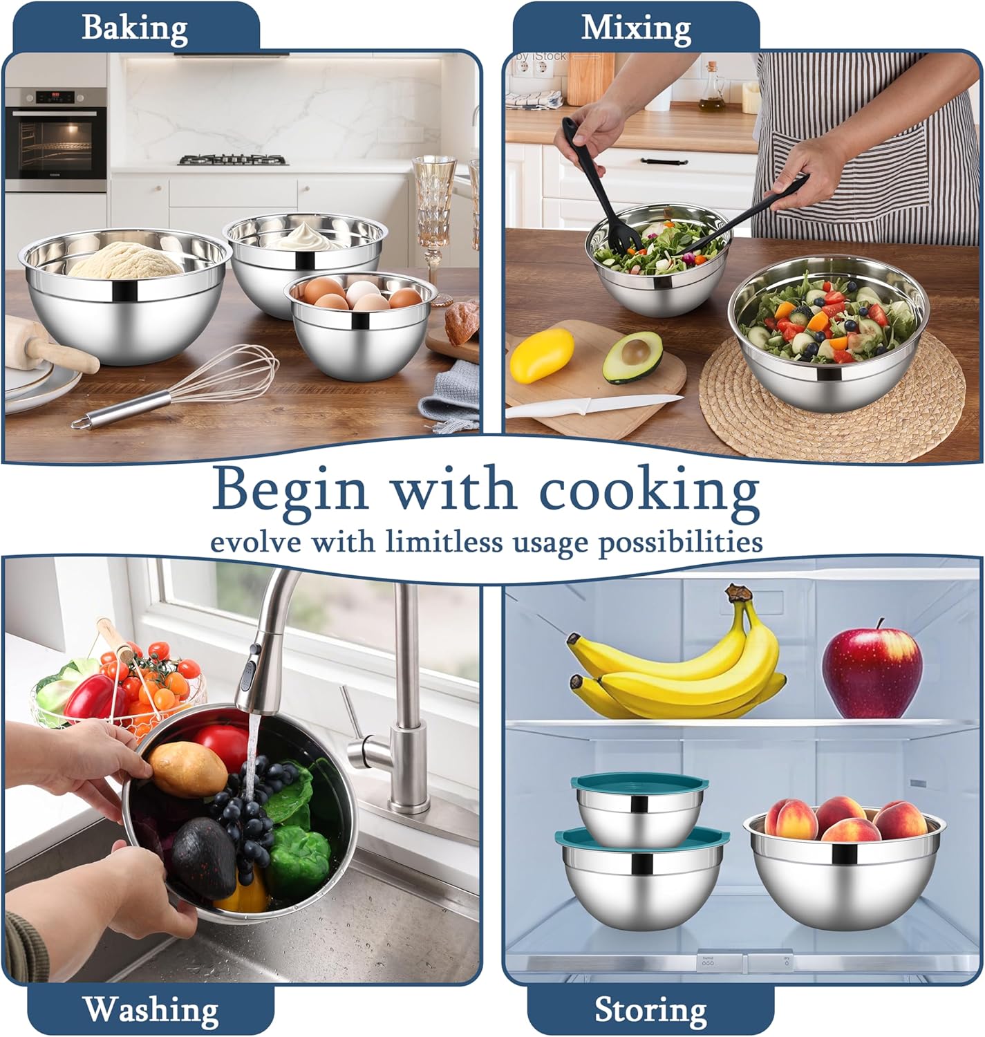 LIANYU Mixing Bowls Set with Airtight Lids, Stainless Steel Large Metal Kitchen Bowls Set of 3, Dishwasher & Freezer Safe, 1.5QT & 3QT & 4.6QT, Blue