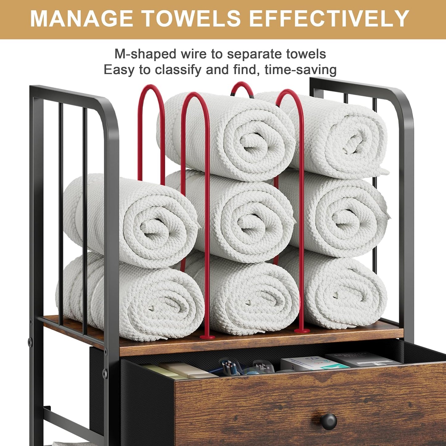 Towel Rack Free Standing 3-Tier with Drawer and M-Shaped Detachable Dividers,Towel Holder with Adjustable Shelf, Towel Organizer Space Saving for Bathroom and Poolside Patent Pending