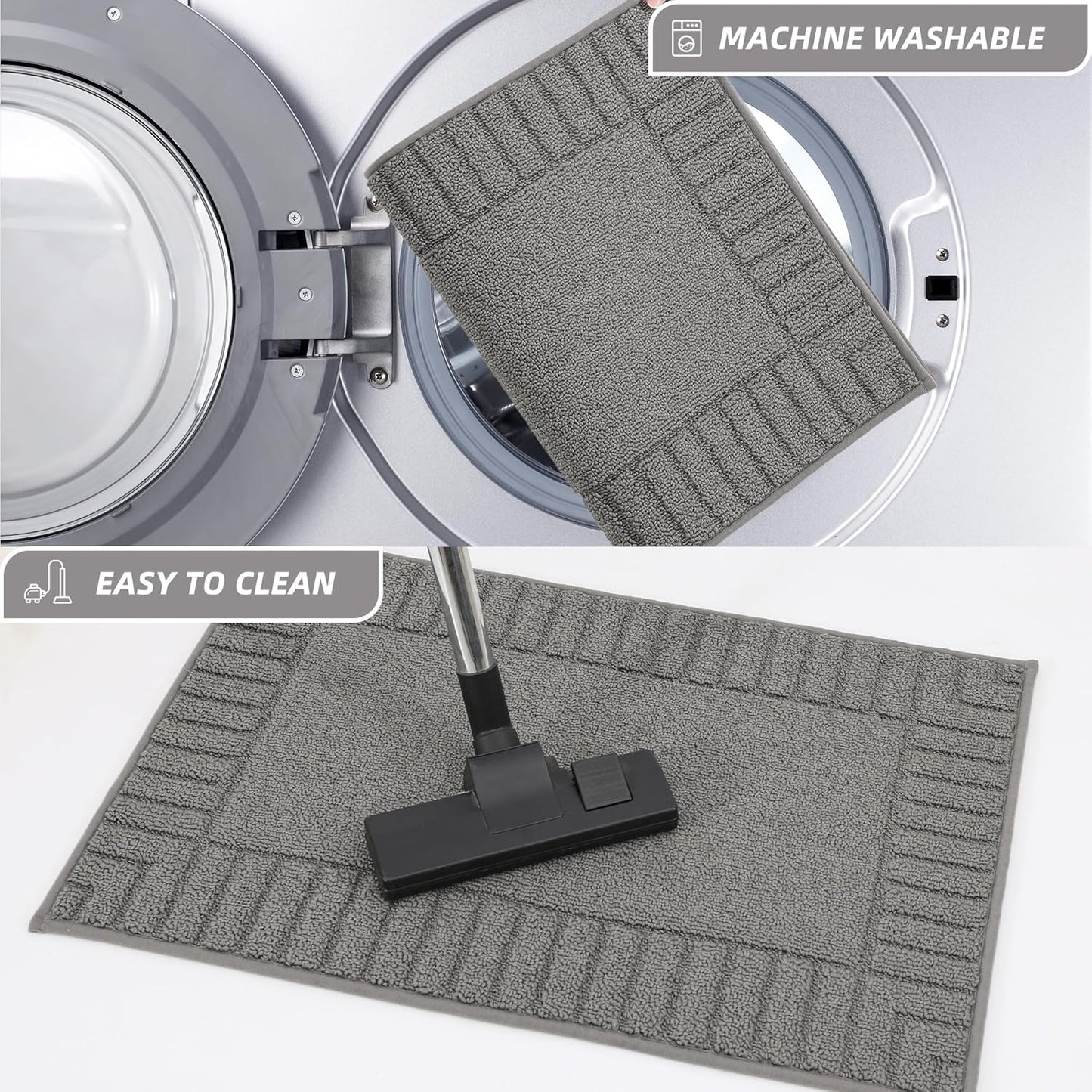 BEQHAUSE-Kitchen-Rugs-Washable-Kitchen-Mats-for- Floor Non-Slip Kitchen Mat Set of 2 Absorbent Kitchen Runner with TPR Non Skid Backing,Grey,20x30inch/20x48inch