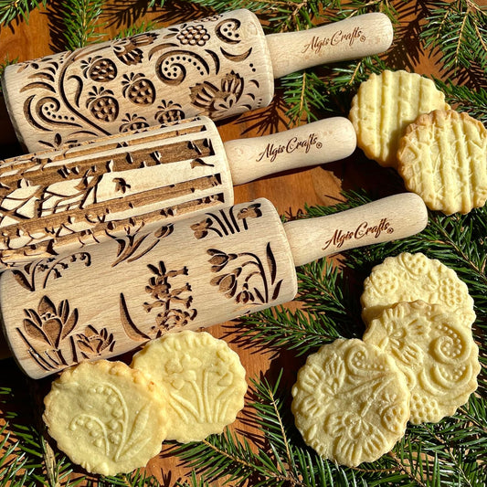 SEASONS 3 Mini Embossed Rolling Pin Set. Wooden Laser Cut Mini Rolling Pins for cookies or clay with spring flowers, tulips, daffodils, strawberries, raspberries, birch, trees by Algis Crafts