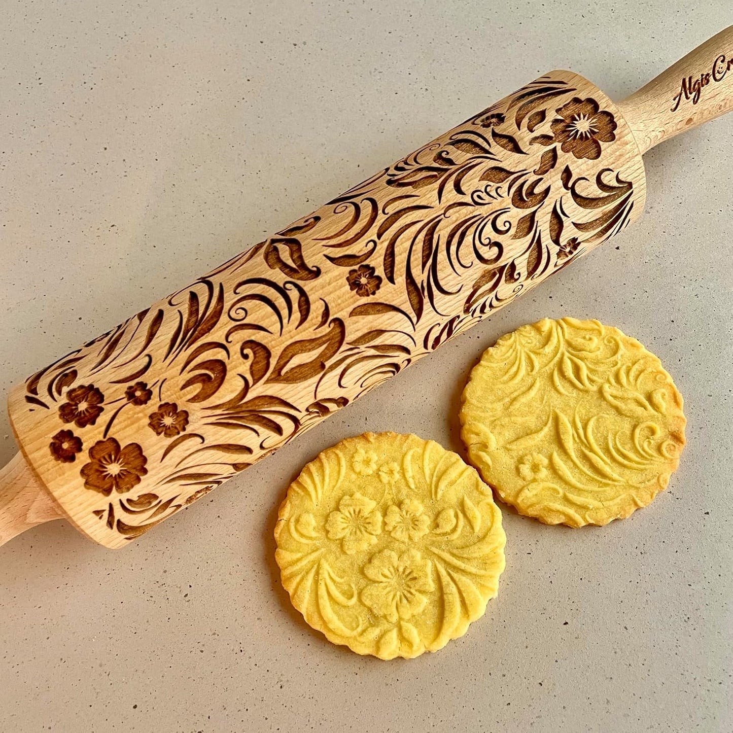 Embossing Rolling Pin VERONICA with Elegant Bloom Pattern – Dough and Clay Roller for Embossed Cookies and Pottery - Cookie and Ceramic Stamp - Baking Gifts for Women by Algis Crafts