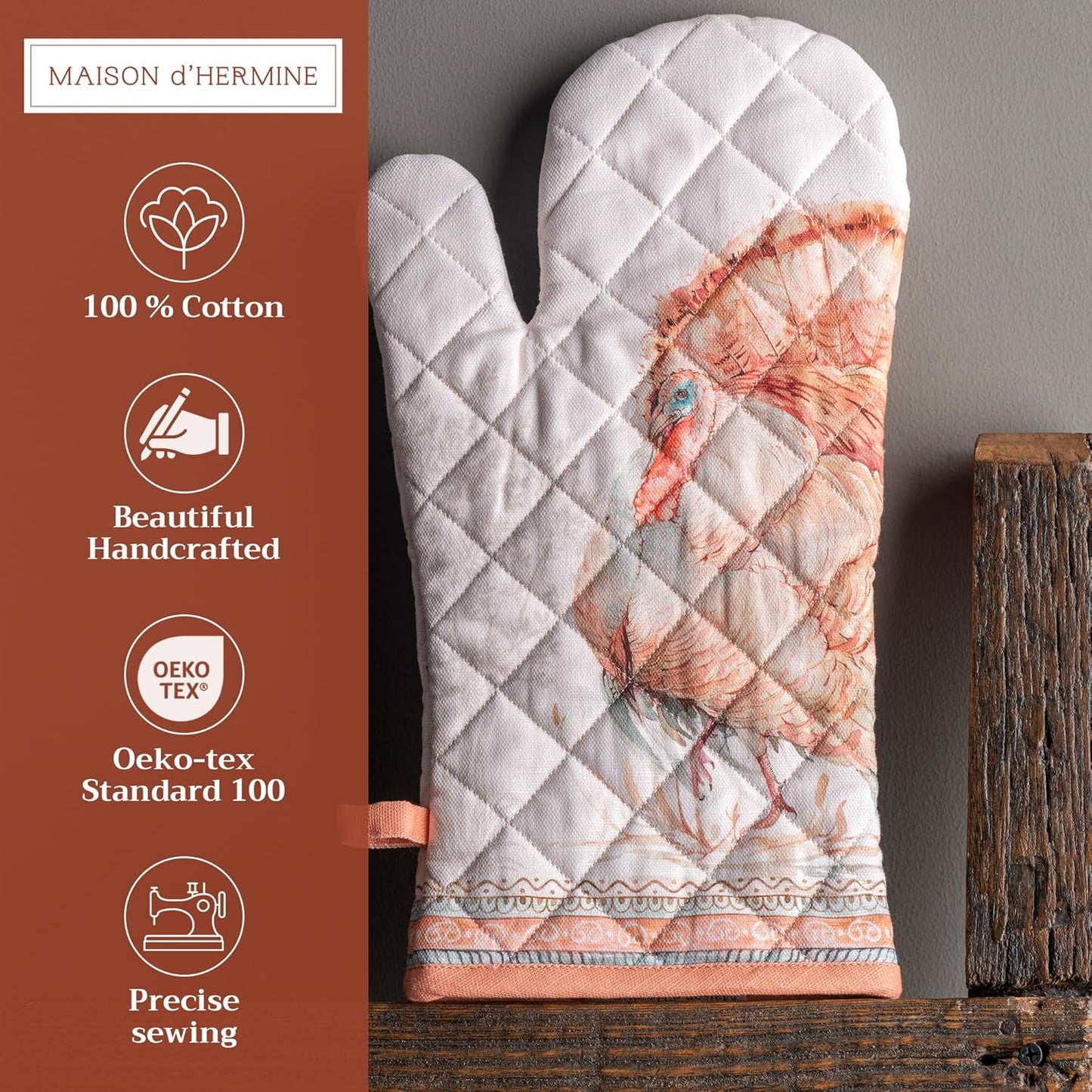 Maison d' Hermine Oven Gloves 100% Cotton Oven Mitt 7" x 13" with Loop Heat Resistant, BBQ, Cooking Gloves, Baking, Grilling, Kitchen, Handling Hot Pans (Pack of 1, Giving Thanks)