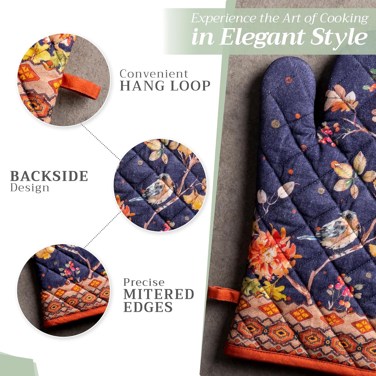 Maison d' Hermine 100% Cotton Oven Mitt & Pot Holder Set (7.5"x13" & 8"x8") Heat Resistant BBQ Cooking Gloves with Loop, Baking, Grilling, Kitchen, Handling Hot Pans (Kelim - Infinity)