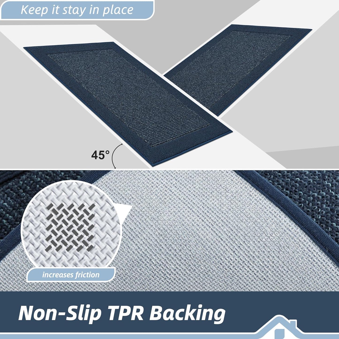 BEQHAUSE Kitchen Runner Rugs 24"x60", Kitchen Rugs Non-Slip Kitchen Mats for Floor, Absorbent and Stain Resistant Kitchen Mats, Machine Washable Rug for Kitchen, Hallway, Laundry & Sink, Blue