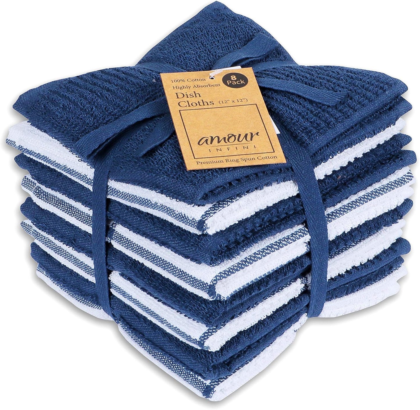 AMOUR INFINI Dish Cloths for Washing Dishes Set of 8 - Highly Absorbent, Super Soft Kitchen Dishcloths - Reusable Quick Dry Dish Rags for Cleaning & Drying Kitchen Linens (12x12 Inch - Blue)
