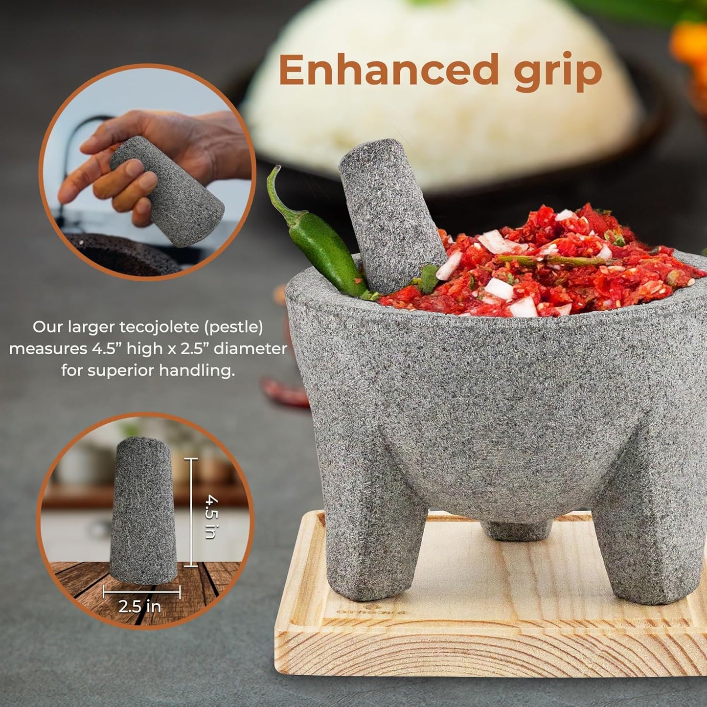 The Authentic Molcajete Mexicano Made of Lava Volcanic Rock, Set with Mortar, Pestle and Cutting Board Included - Large Molcajete 8-Inch, Molcajete de Piedra Volcánica with Less Porous Finish (Grey)