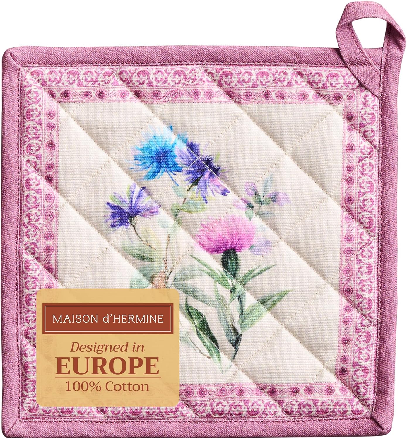 Maison d' Hermine Pot Holders 100% Cotton Heat Resistant Potholders 8" x 8" Hot Pads with Loop BBQ, Cooking, Baking, Grilling, Kitchen, Handling Hot Pans Spring/Summer (Pack of 1, Chardon)