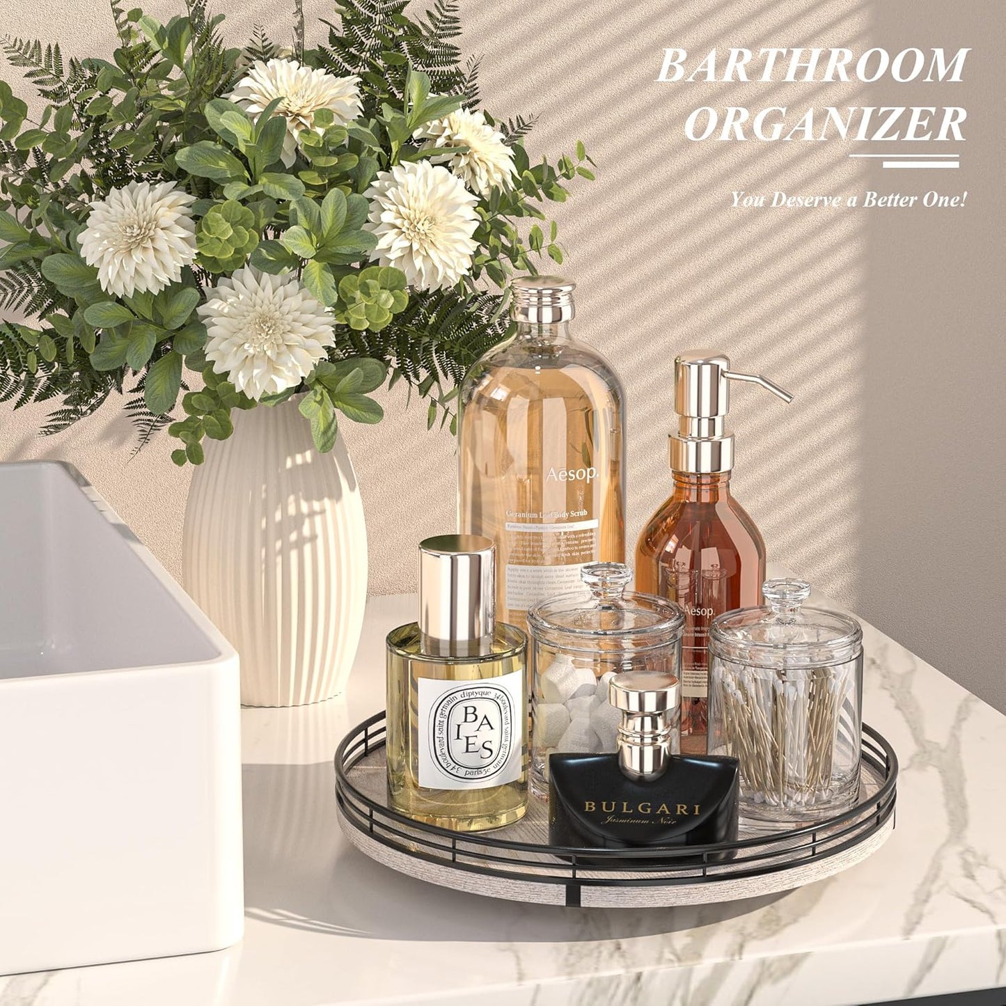 12" Farmhouse Lazy Susan for Kitchen & Coffee Table Decor – Rustic Wood Tray with Black Metal Frame, Decorative Centerpiece for Dining Room, Ottoman, Living Room, Serving or Vanity Use