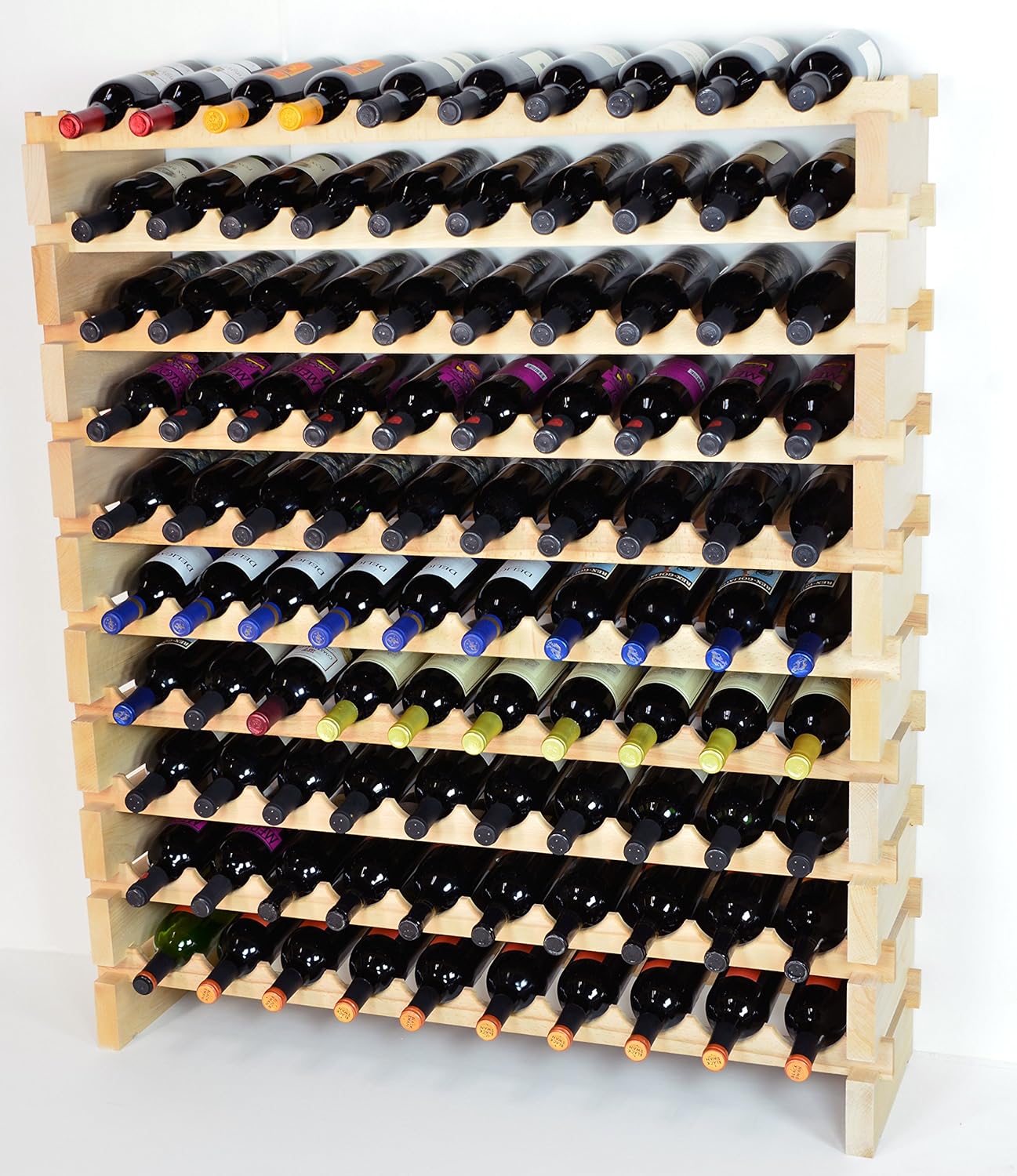 Modular Wine Rack Beechwood 40-120 Bottle Capacity 10 Bottles Across up to 12 Rows Newest Improved Model (100 Bottle - 10 Rows)
