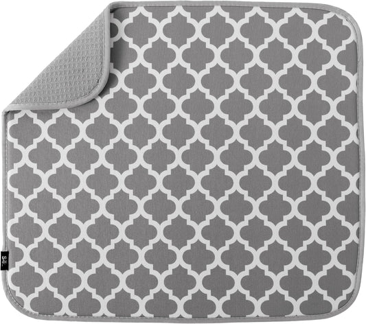 S&T INC. Dish Drying Mat, 16” x 18”, Absorbent Microfiber Kitchen Counter Mat, Dish Drying Pad for Dishes, Utensils, Pots and Pans, Large, White Trellis