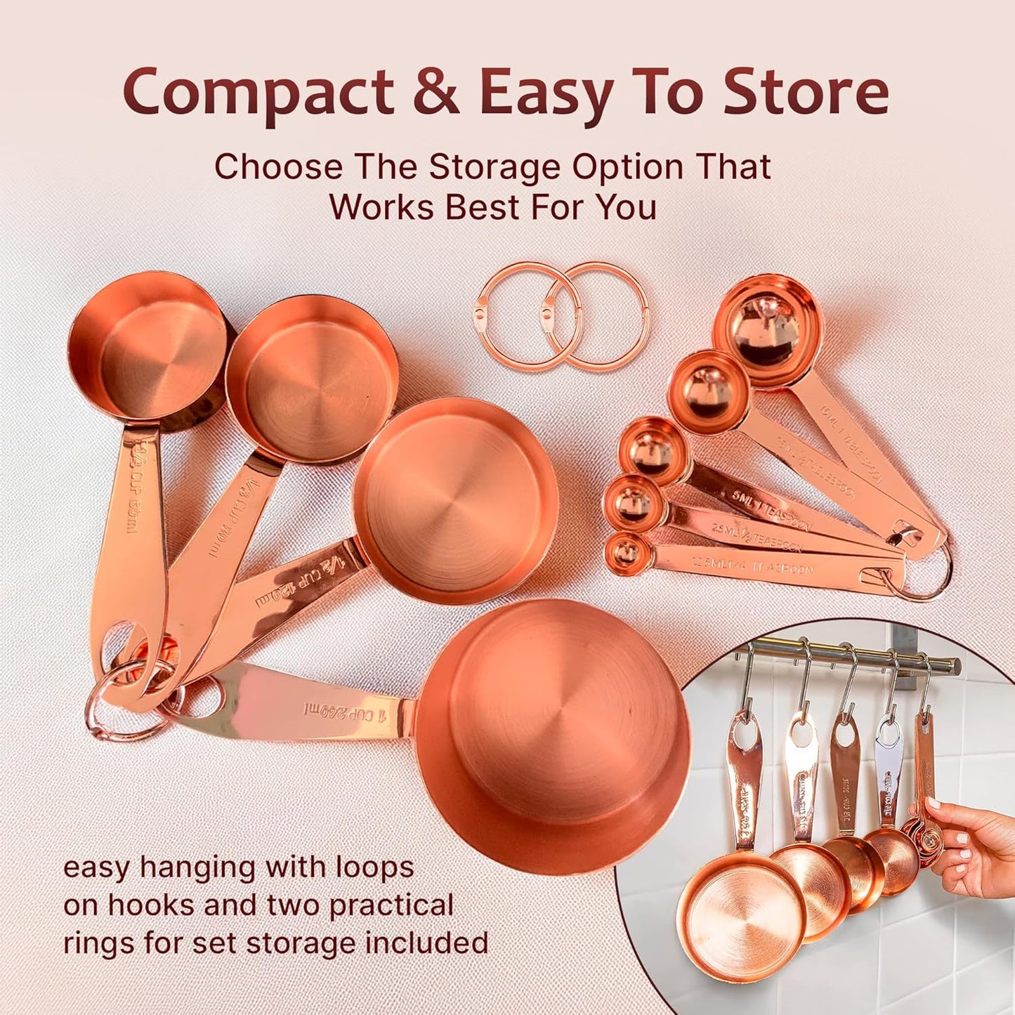 Measuring Cups and Spoons Set of 9, Utensils for Dry and Liquid Ingredients, Copper Kitchen Accessories, Rose Copper Decor for Home, Stackable, Sturdy Stainless Steel