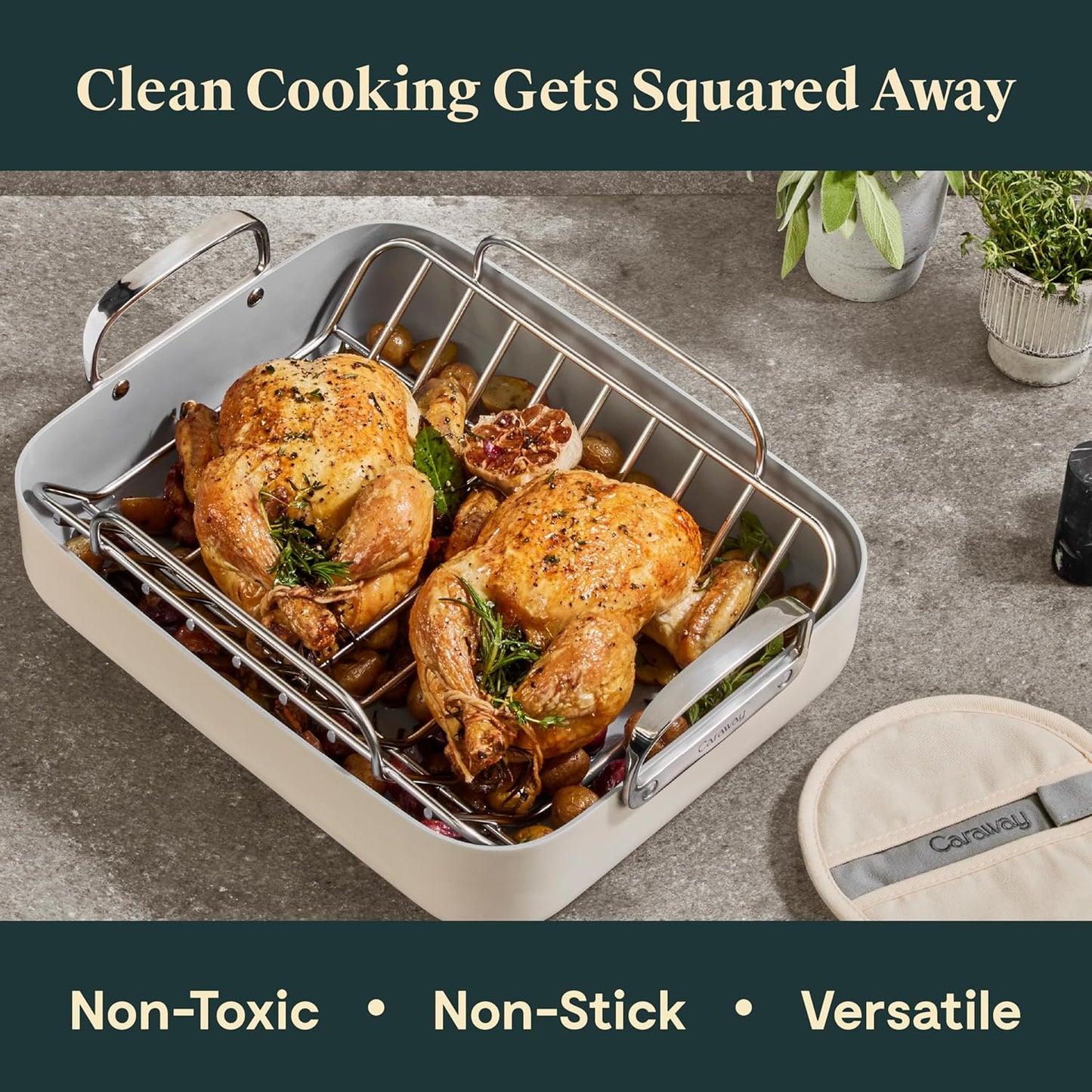 Caraway Roasting Pan - 16x13” Roasting Pan with Rack - Non-Stick Ceramic Coated - Non Toxic, PTFE & PFOA Free - Oven Safe & Compatible with All Stovetops - White