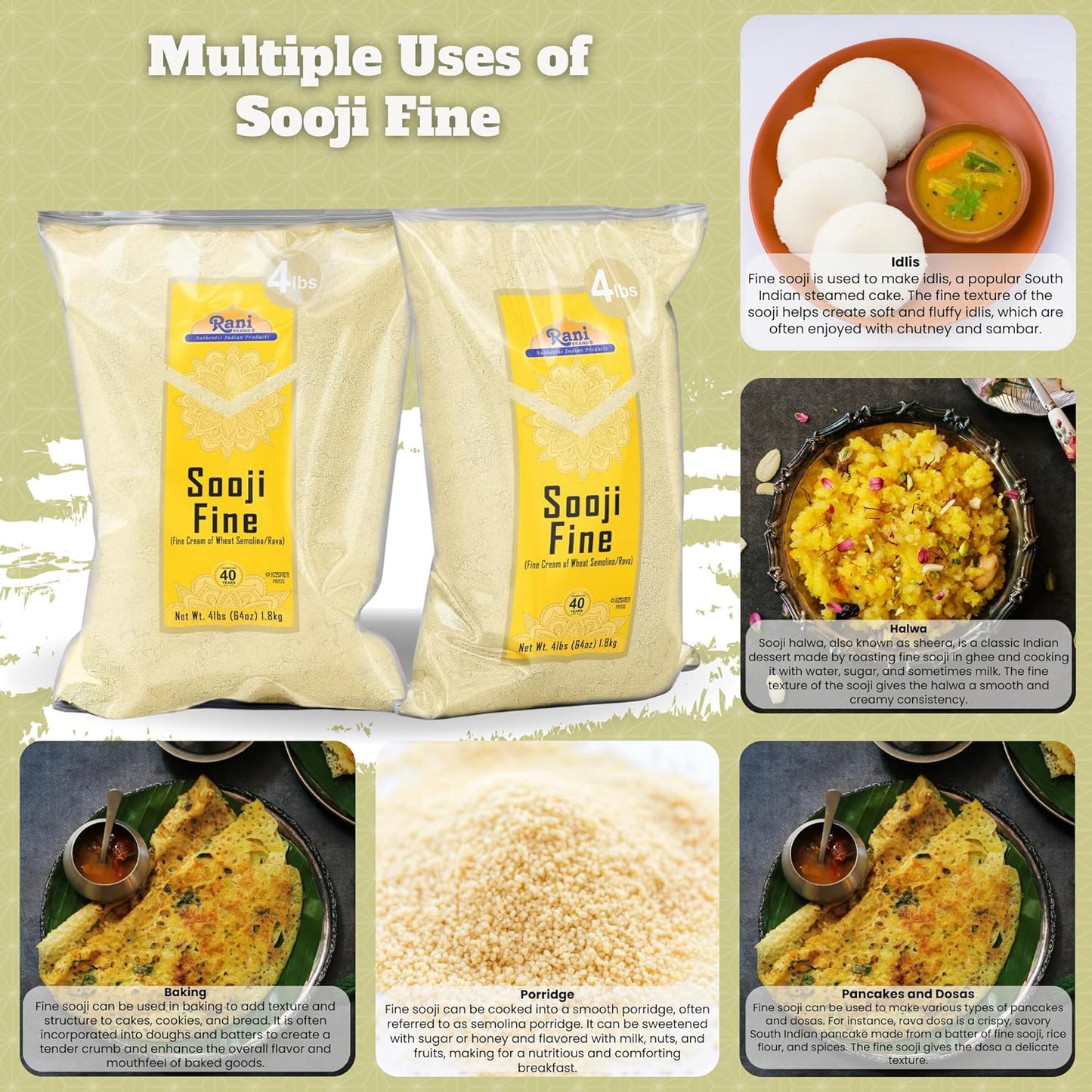 Rani Sooji Fine (Farina, Suji, Rava, Wheat) Flour 64oz (4lbs) 1.81kg Bulk ~ All Natural | Vegan | NON-GMO | Kosher | Indian Origin