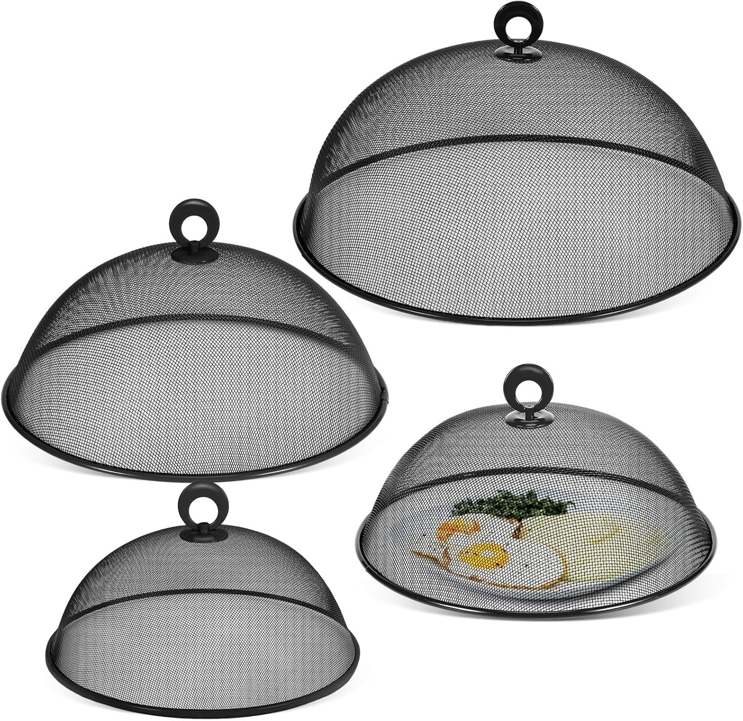 Baderke 4 Pcs Metal Mesh Food Cover 14'' 12'' 11'' 10'' Outdoor Picnic Food Net Covers for Outside Keep out Flies for Table Picnic Camping(Black)