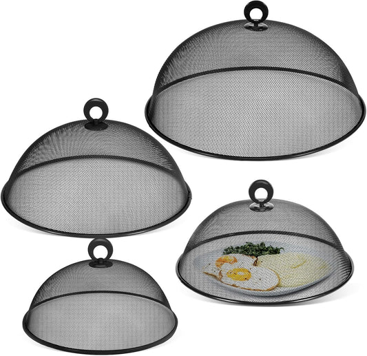 Baderke 4 Pcs Metal Mesh Food Cover 14'' 12'' 11'' 10'' Outdoor Picnic Food Net Covers for Outside Keep out Flies for Table Picnic Camping(Black)
