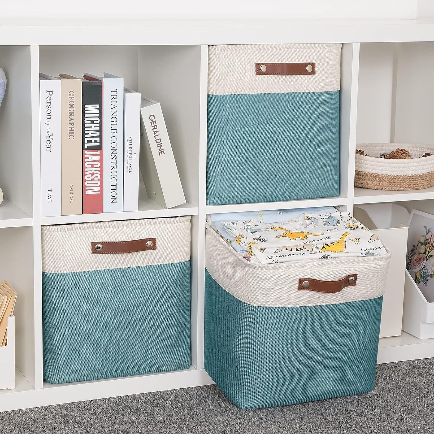 HNZIGE Foldable Storage Cubes & Baskets (3 Pack) - 13 Inch Storage Bin with Leather Handles for Toys, Clothes, Kids, Closet (White & Teal)
