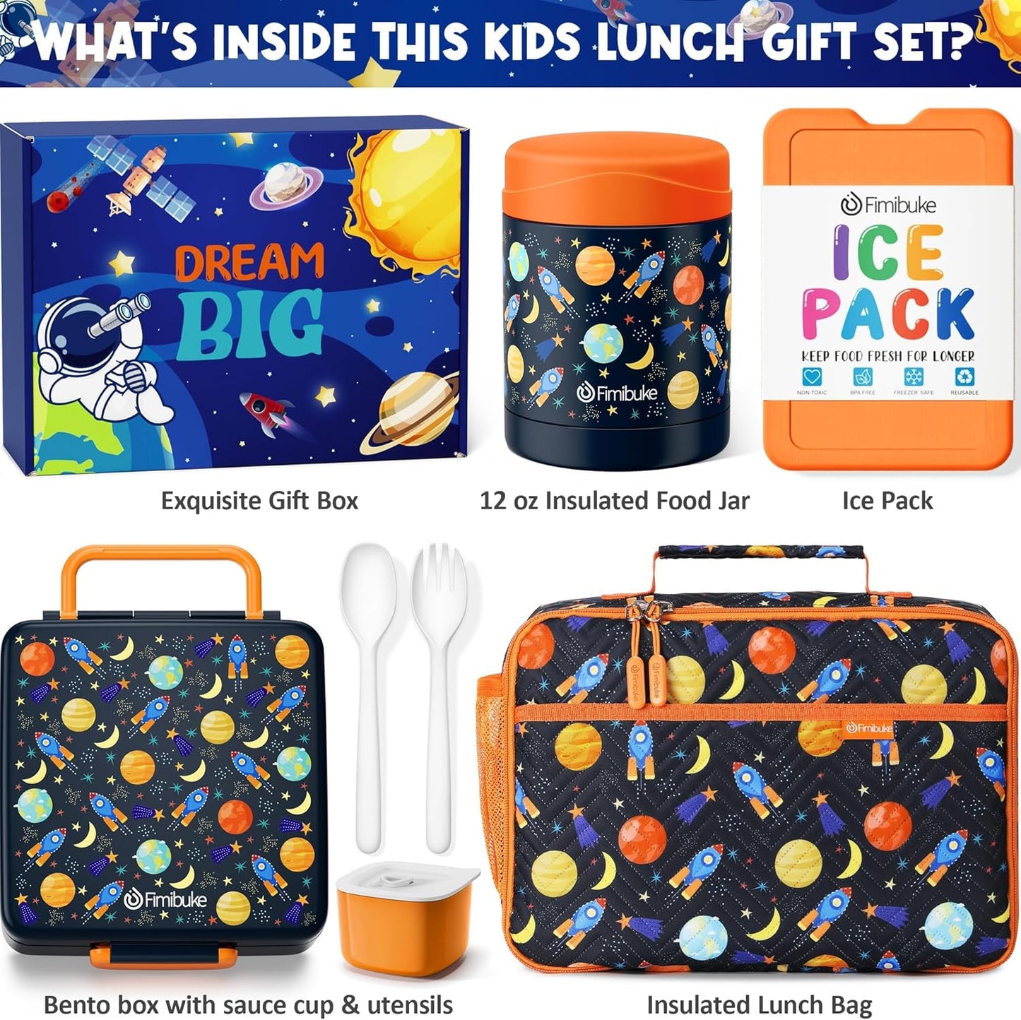Fimibuke Kids Bento Snack Lunch Box with 4 Compartment, Insulated lunch Bag, Stainless Steel Vacuum Thermos Food Jar, Ice Pack, Utensils Set, Birthday Gift for Age 3-12 Back to School Toddler Girl Boy
