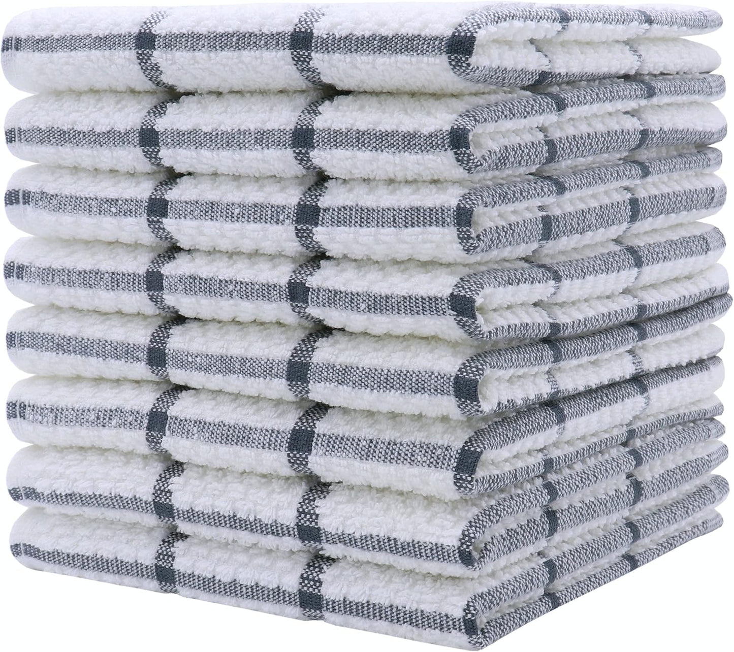 Cotton Grid Dish Cloths, Terry Cleaning Rags, 12 x 12 Inches, Light and Soft, Quick Drying Dish Rags, 8pc/Set (Grey)