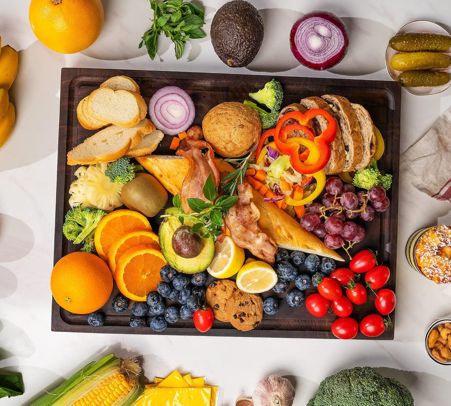 AZRHOM Large End Grain Walnut Wood Cutting Board 17x13x1.5 in Thick Butcher Block for Kitchen with Non-slip Mats Juice Groove & Handles (Gift Box)