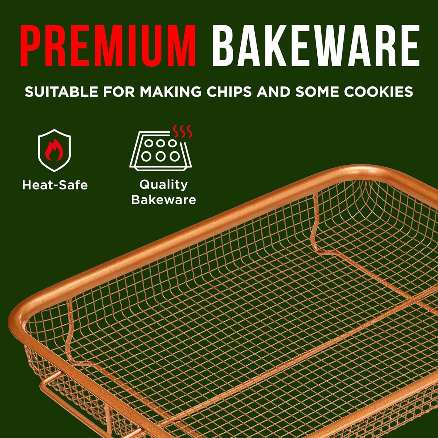 Air Fryer Tray Basket w/Elevated Mesh Great For Oven, For Baking & Crispy Foods, Dishwasher Safe,PTFE/PFOA/PFOS FREE Extra-large 9.5/''x13/'',Copper