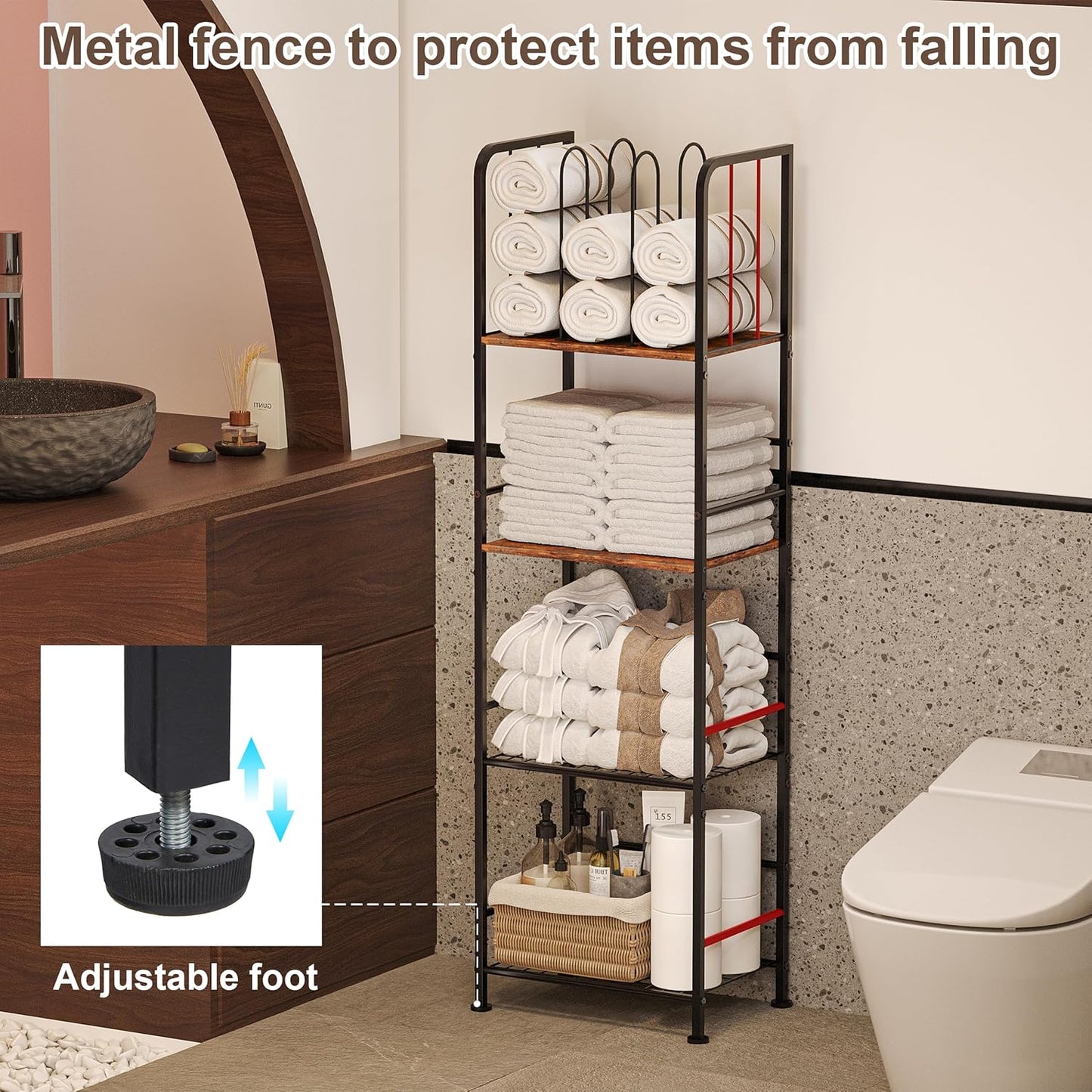 Towel Rack Free Standing 4-Tier M-Shaped Detachable Dividers, Durable Metal Towel Holder, Pool Items Holder, Space-Saving Storage Organizer, Modern Bath Towel Shelf for Bathroom Patent Pending