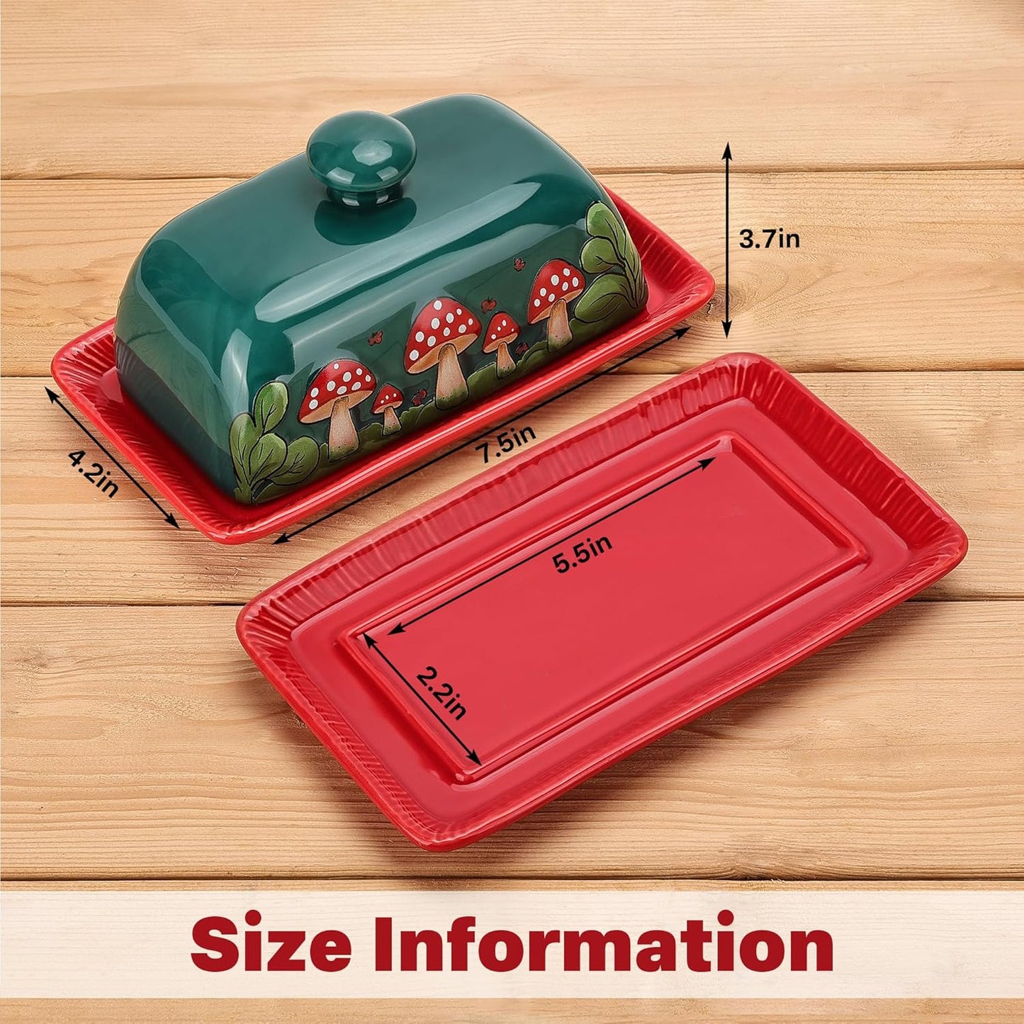 Fungi Fun Mushroom Butter Dish With Lid For Countertop Ceramic Butterdish, Red Mushroom Butter Container, Butter Tray Large Butter Dish Covered (Dark Green, Standard)