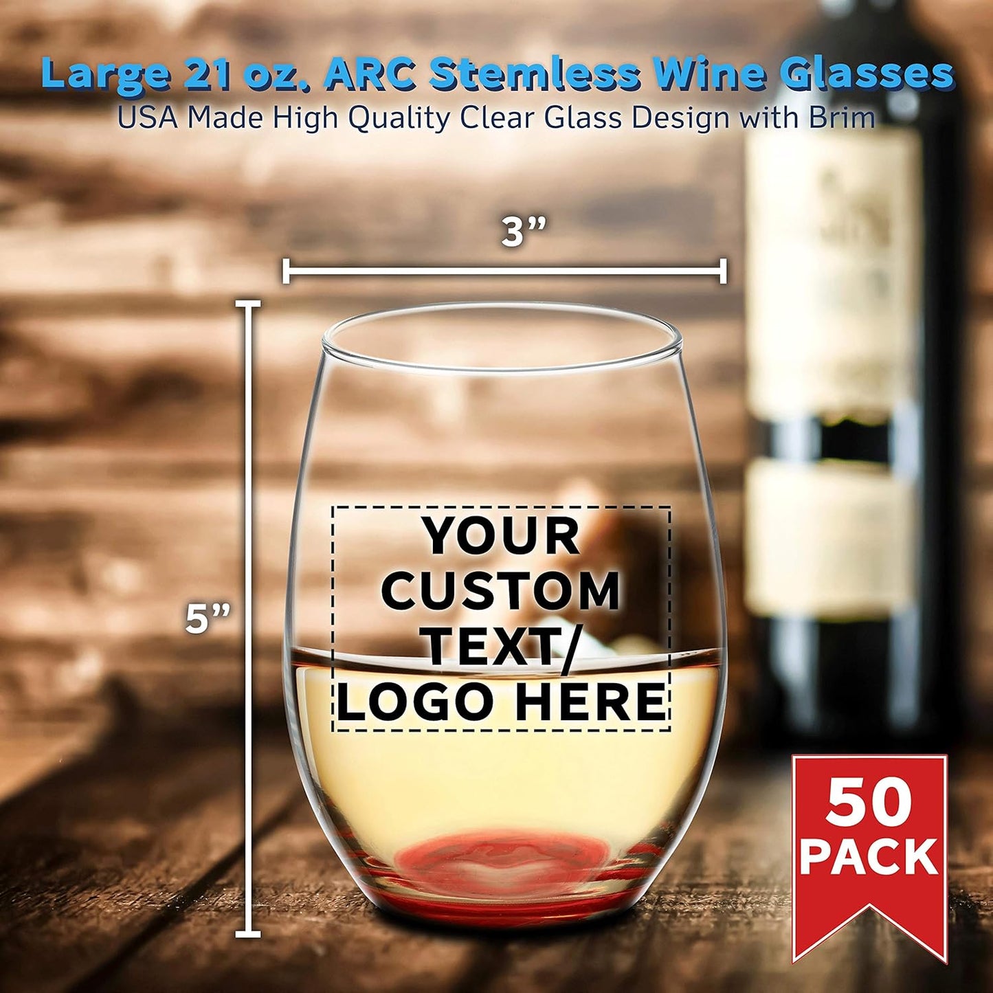 DISCOUNT PROMOS 50 ARC Stemless Wine Glasses Set, 21 oz. - Customizable Text, Logo - Chardonnay, Cabernet, Merlot, Sauvignon - Red