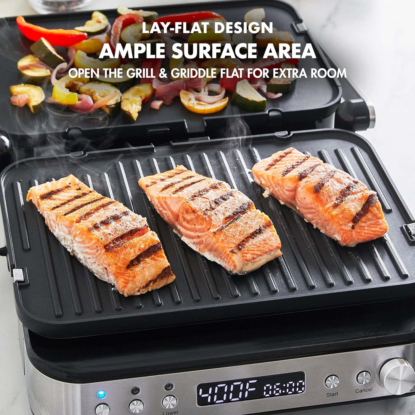 GreenPan Electric Indoor Stainless Steel 6-in-1 Contact Grill and Griddle, Healthy Ceramic Nonstick, Dishwasher Safe Reversible Plates, PFAS-Free