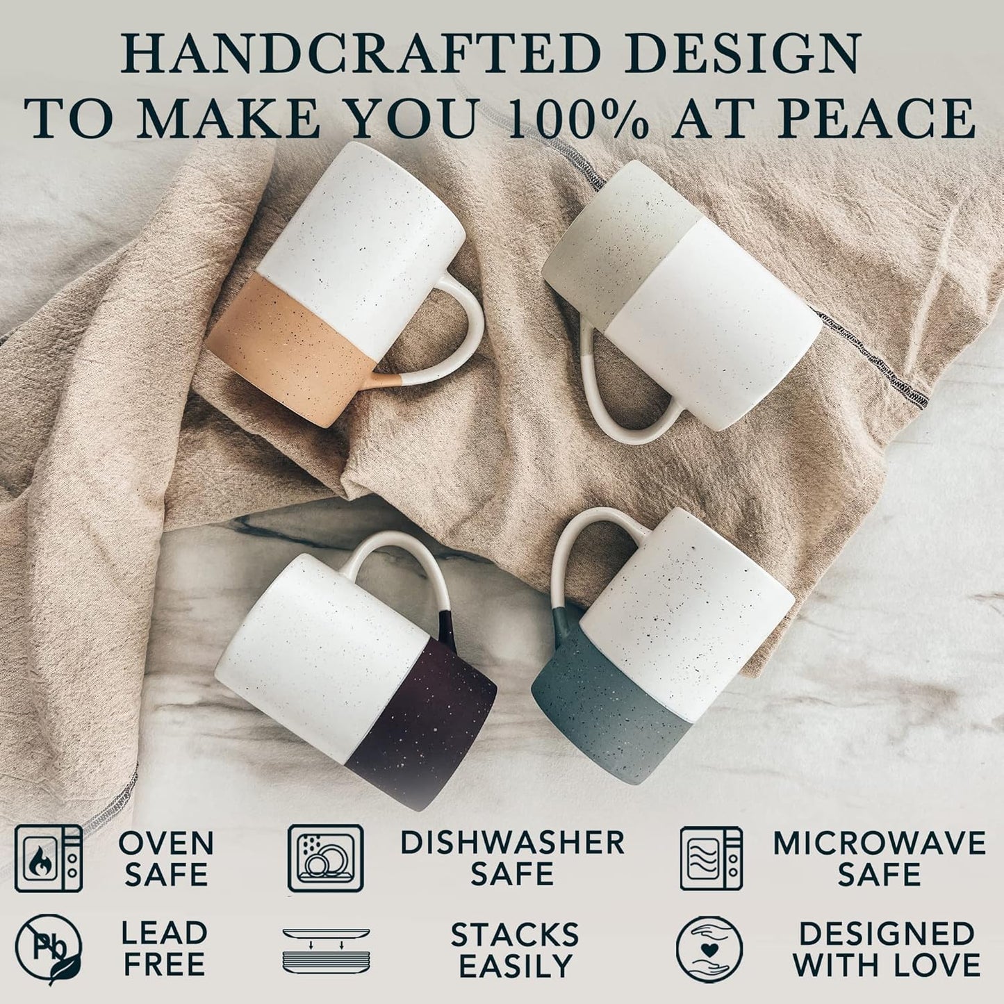 Mora Ceramics 12oz Coffee Mug Set of 4 - Tea Cups with Handle - Microwave and Dishwasher Safe, Perfect For Mug Lovers - Rustic Matte Glaze, Modern Design - Assorted Colors