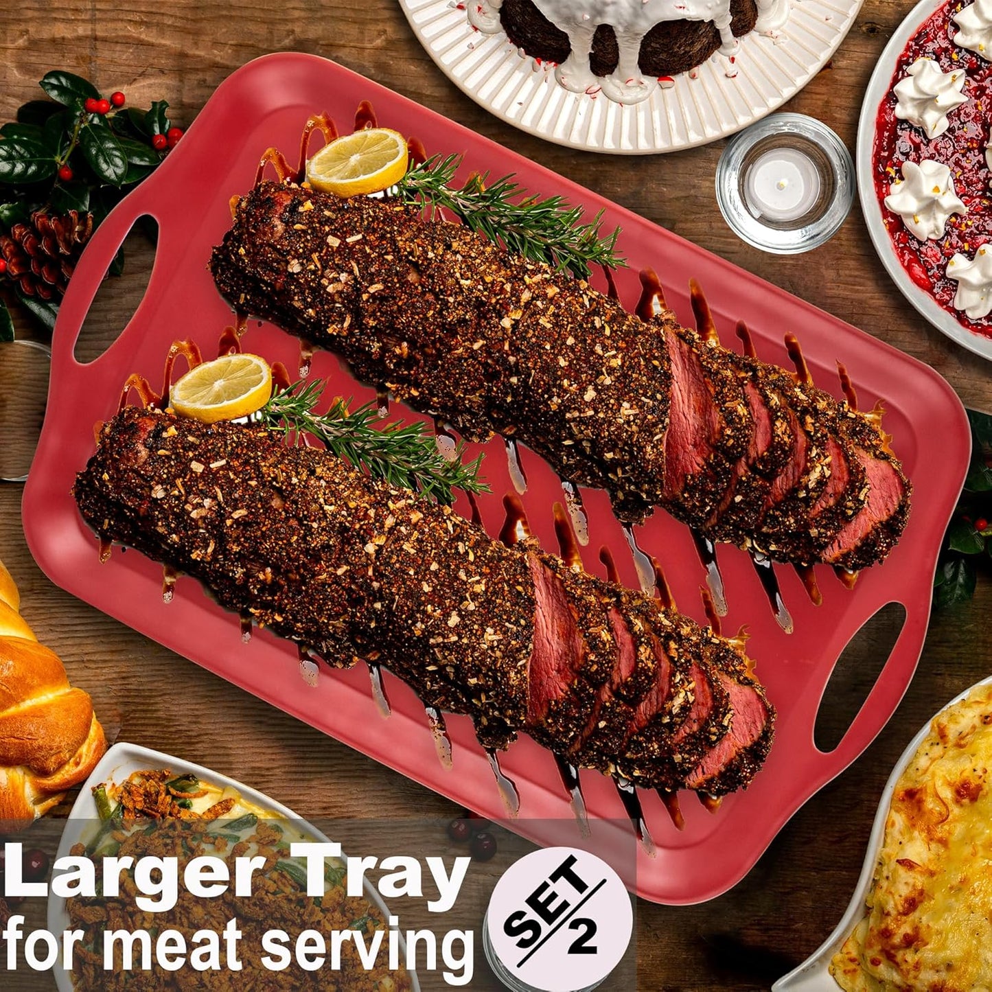 Extra Large Serving Tray with Handles, 20x13 inch, Set of 2 Melamine Platters for Serving Food, Turkey, Cookie, Rectangular Trays for Eating, Raised Dots Matt Finished, Dishwasher Safe, Red