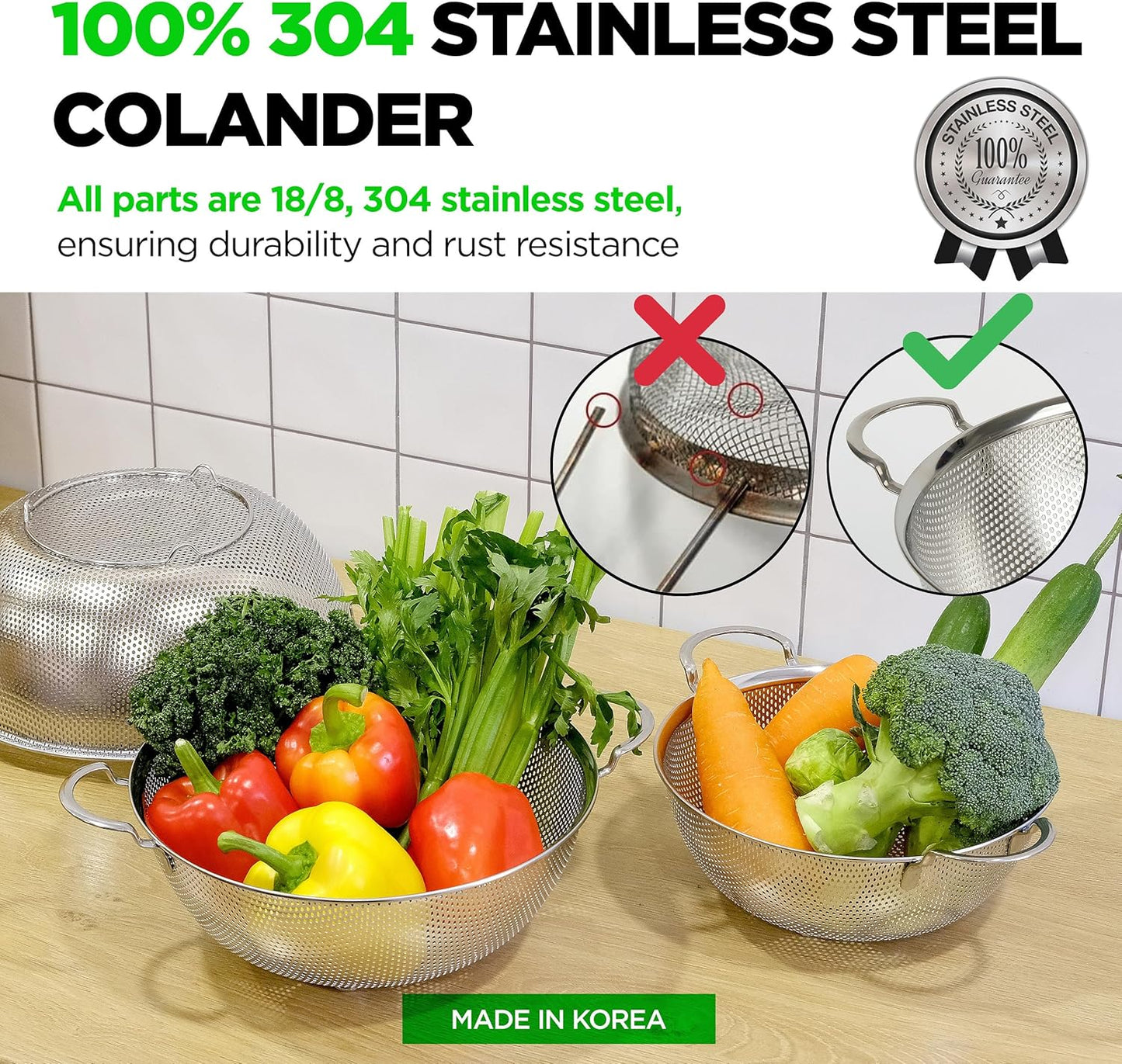 Premium 18/8 304 Stainless Steel Strainer Set of 3 with Handles, Micro-Perforated Colanders, 4-6-8 Quart Set, Self-Draining Solid Base for Pasta, Fruits, Vegetables, Made in Korea