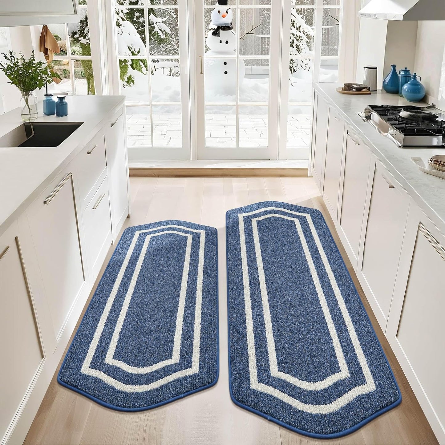 COSY HOMEER Long Kitchen Floor Mats for in Front of Sink Super Absorbent Kitchen Rugs and Mats 24"x48"+24"x59"Non-Skid Kitchen Mat Standing Mat Washable,Polypropylene,Blue,Frame