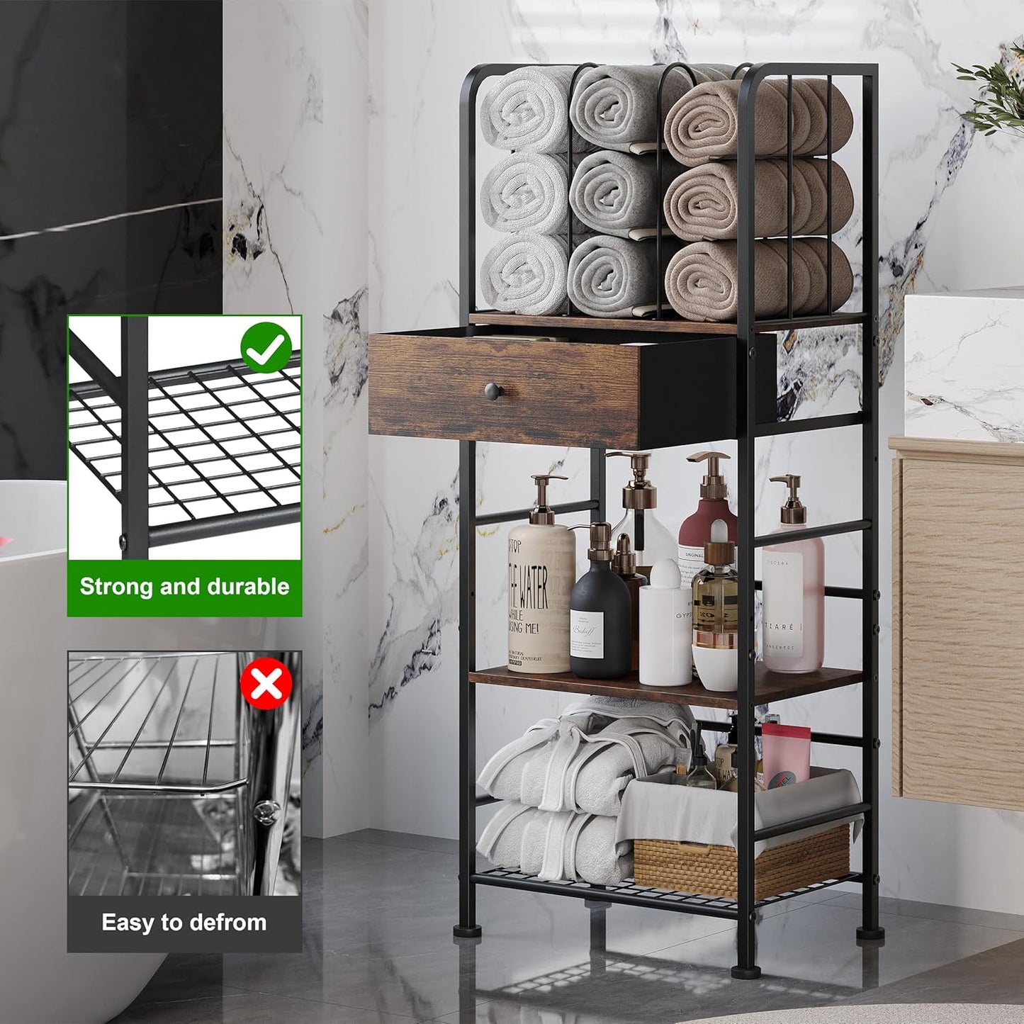 Towel Rack Free Standing 3-Tier with Drawer and M-Shaped Detachable Dividers,Towel Holder with Adjustable Shelf, Towel Organizer Space Saving for Bathroom and Poolside Patent Pending