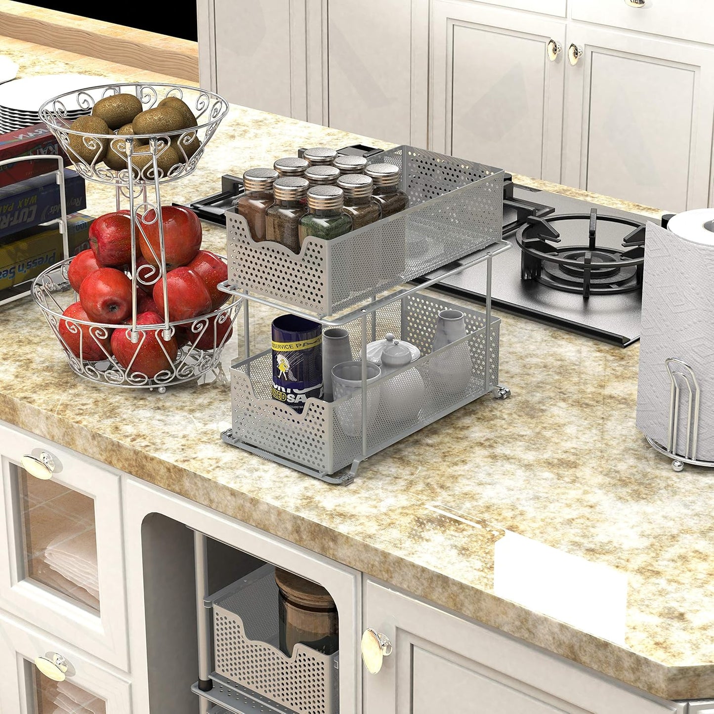 Simple Houseware 2 Tier Sliding Cabinet Basket Organizer Drawer, Silver