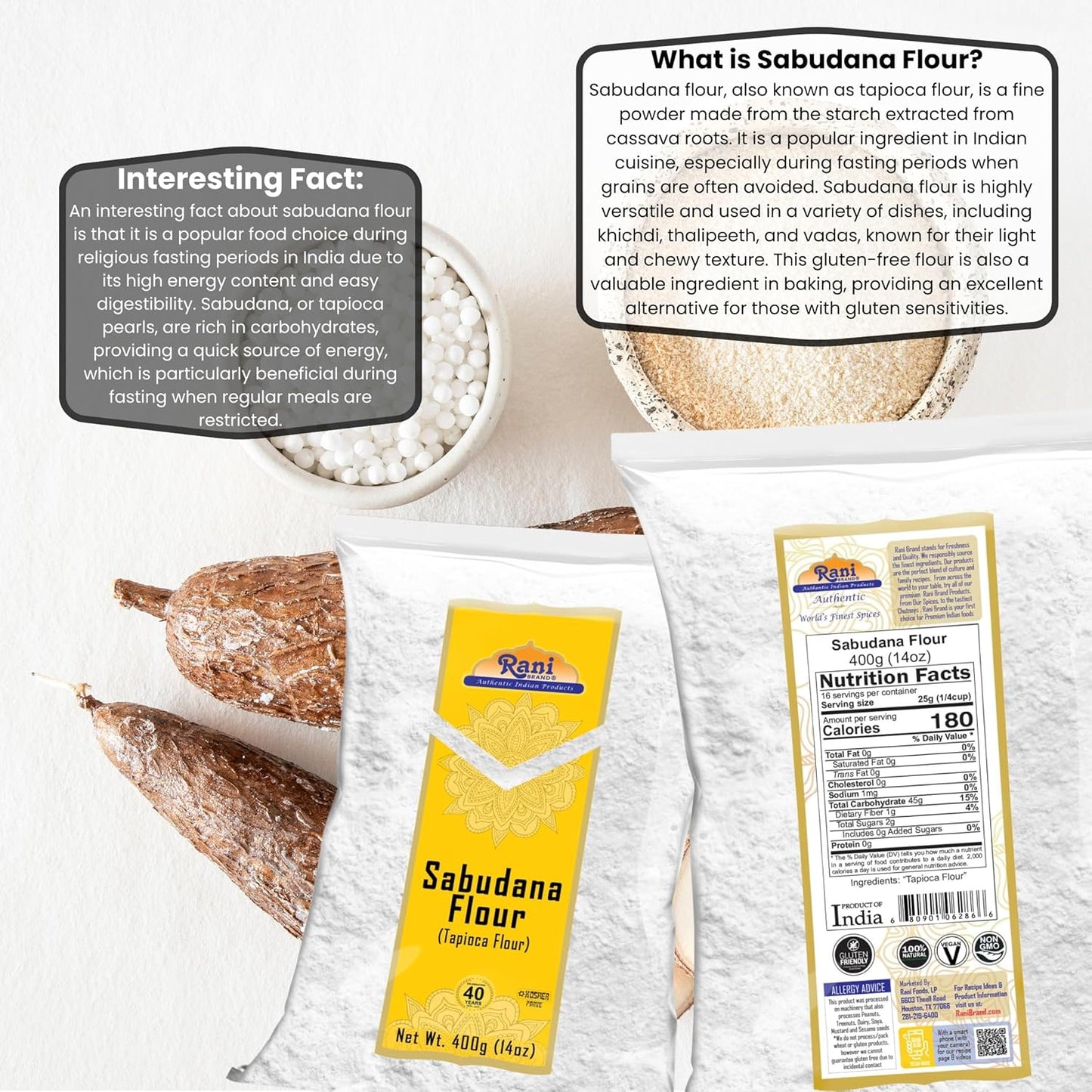 Rani Sabudana Flour (Tapioca/Sago Flour) 14oz (400g) ~ All Natural | Vegan | Gluten Friendly | NON-GMO | Kosher | Indian Origin