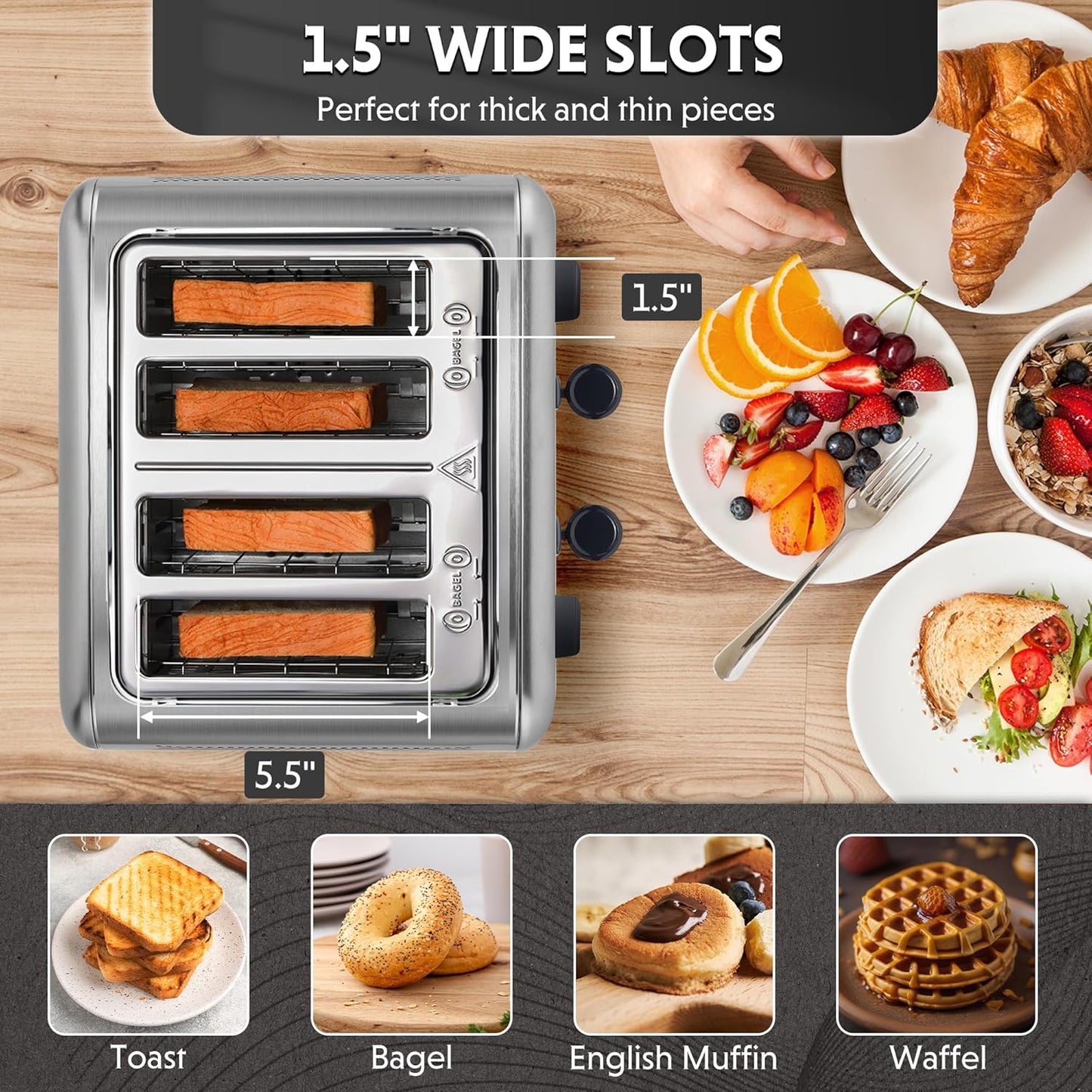 BUYDEEM DT640 Retro 4 Slice Toaster, 7 Shade Settings, Extra Wide 1.5'' Slots, Stainless Steel Toaster with Bagel Muffin Defrost Reheat Function, Retro Silver