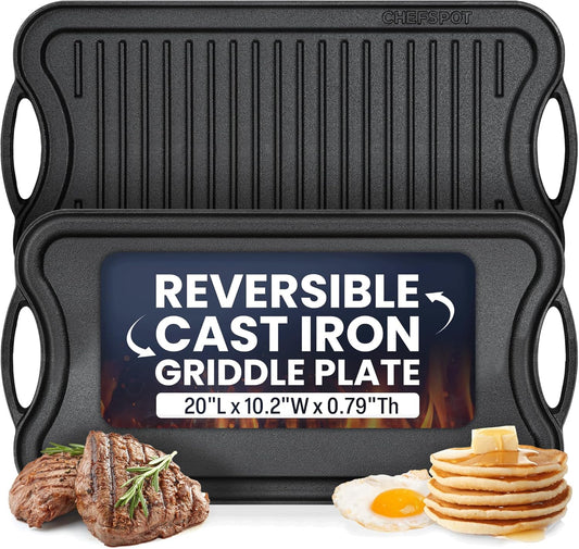 Griddle Pan for Stove Top – 20" Reversible Cast Iron Double Burner Griddle Plate, Multi-Use Preseasoned Pancake Pan with Handles - Works on most Stovetops, Grills, and Fire