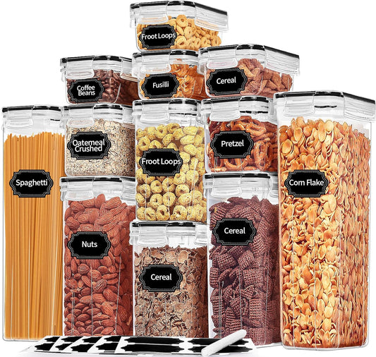 PRAKI Airtight Food Storage Containers with Lids, 12PCS Plastic Kitchen Storage Containers for Pantry Organizers and Storage - Cereal, Rice, Flour and Sugar Containers with Labels & Marker