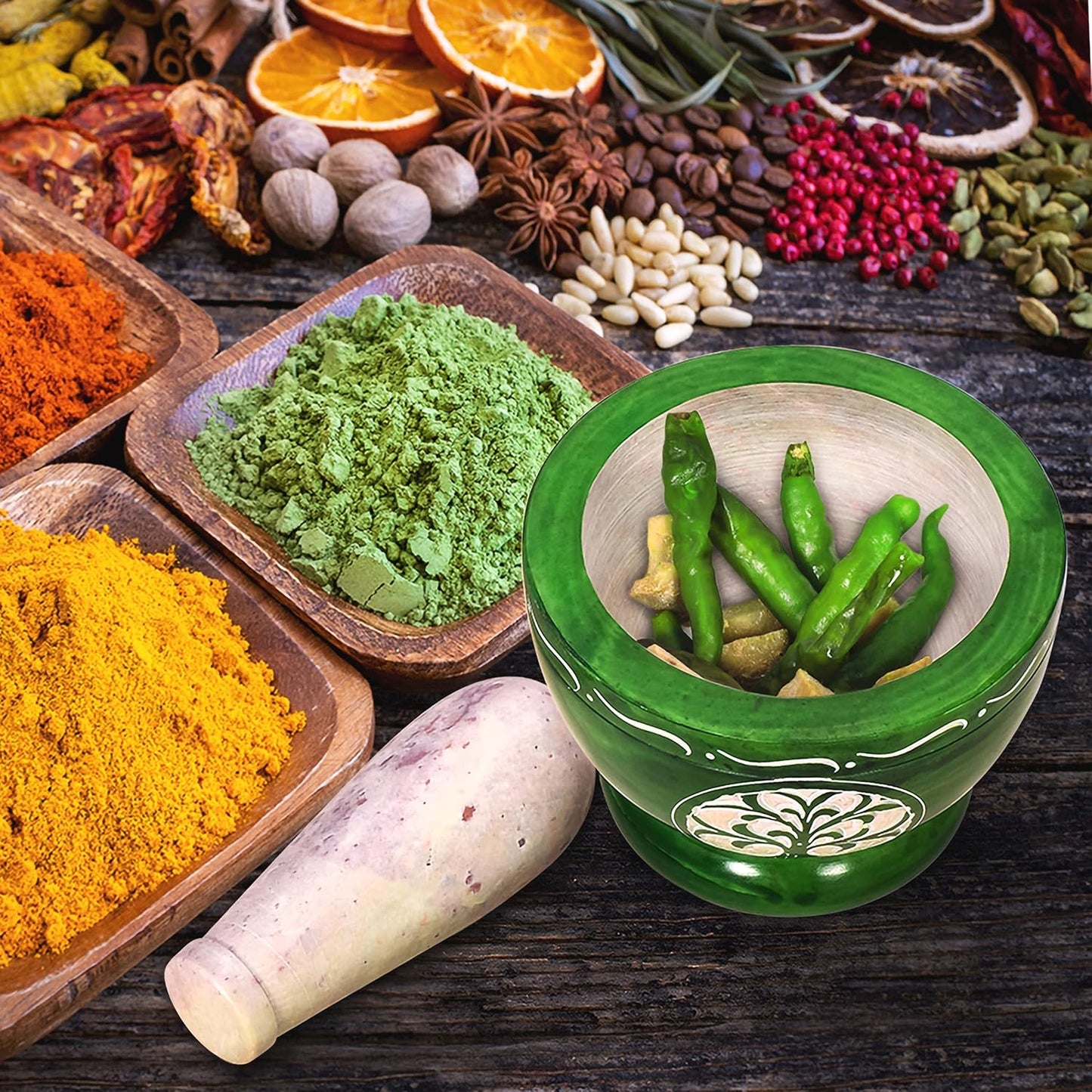 Mortar and Pestle, Made of Heavy Duty Polished Hard Stone, Natural Stone Grinder for Spices, Pastes, Herbs, Seasoning etc. (Green Tree of Life)