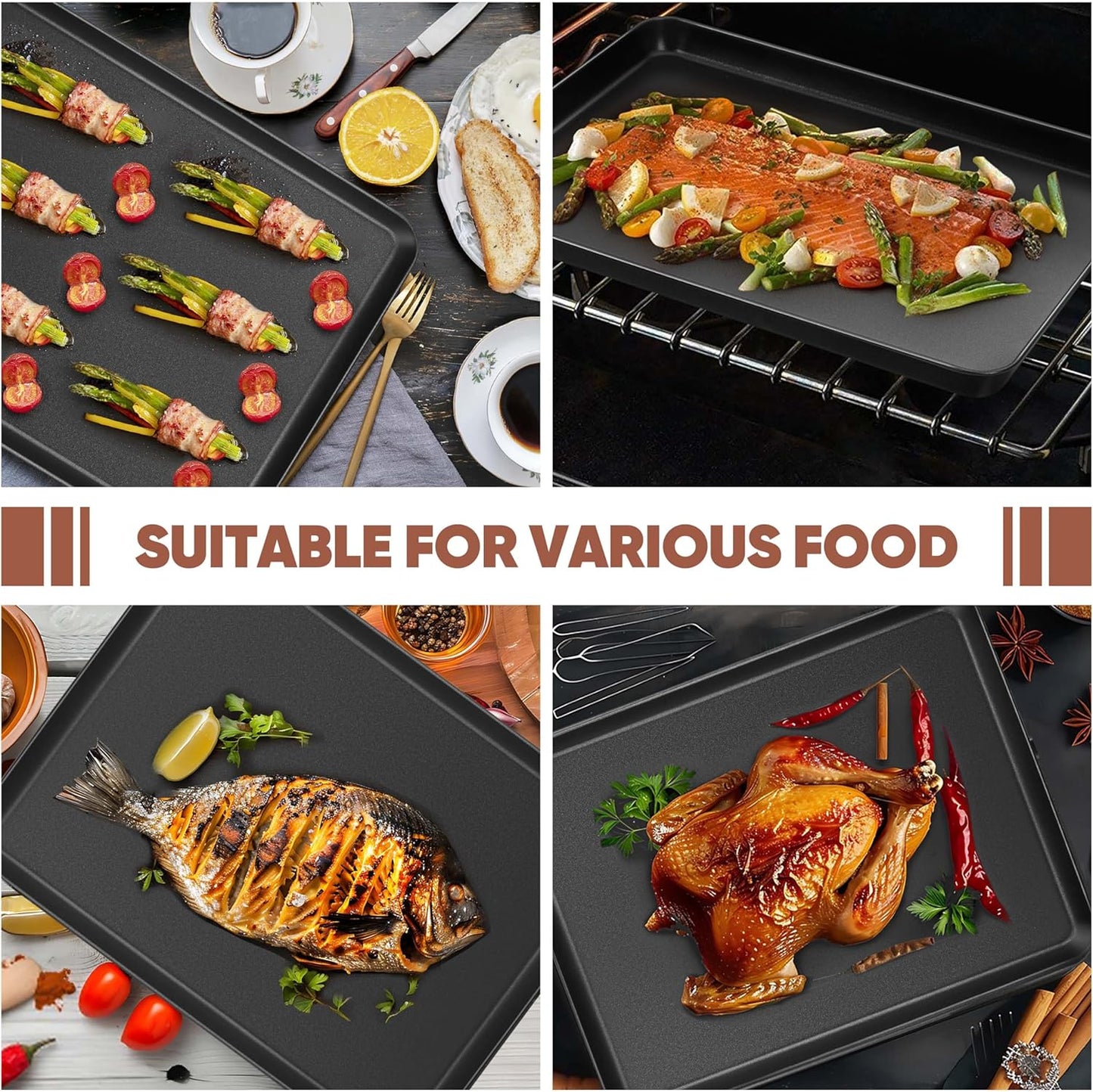 E-far Baking Sheet Set of 2, 16" x 12" x 1" Large Cookie Sheet Pan for Baking, Nonstick Carbon Steel Baking Trays for Oven, Heat-Resistant & Easy Clean, Black