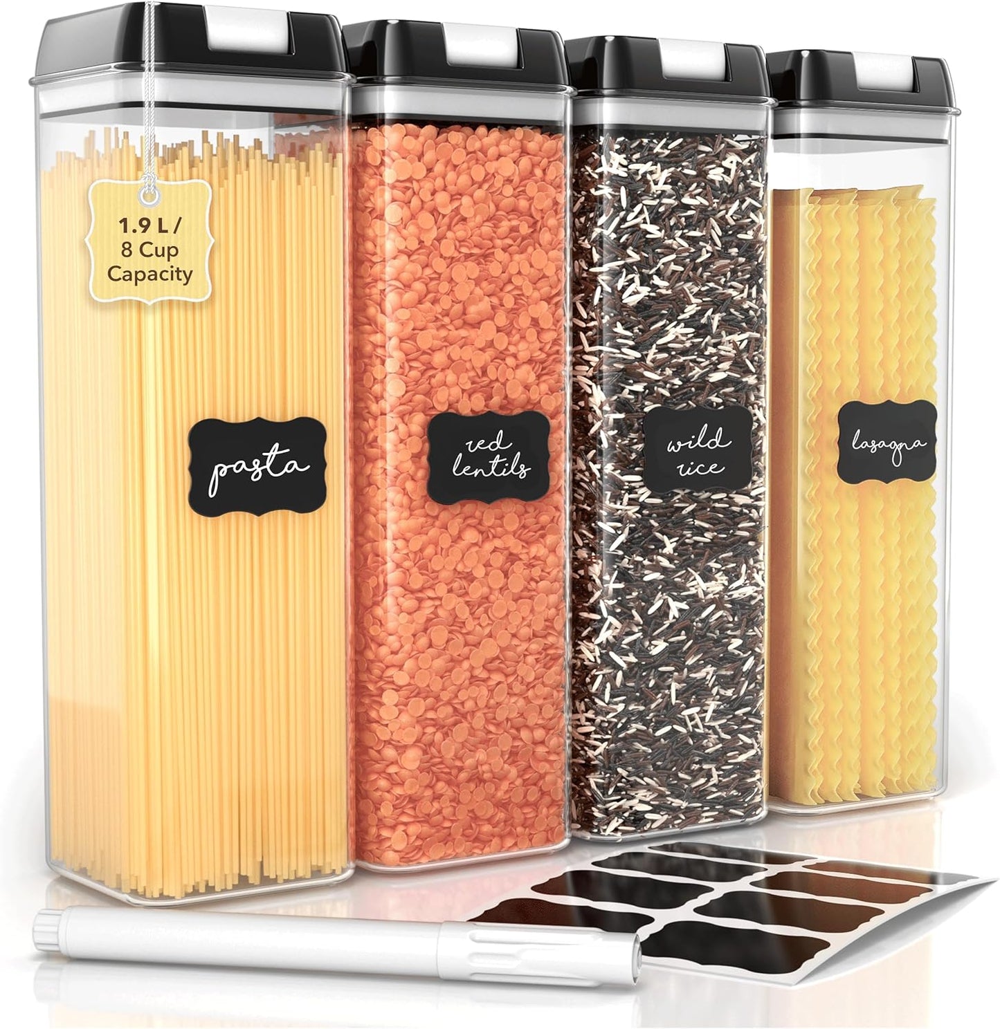 Simply Gourmet Airtight Food Storage Containers with Lids – 4 Piece Slim Kitchen Pantry Organization Set, 8 Cup Capacity, BPA-Free Clear Plastic, Stackable Containers for Flour, Sugar, Rice, Snacks