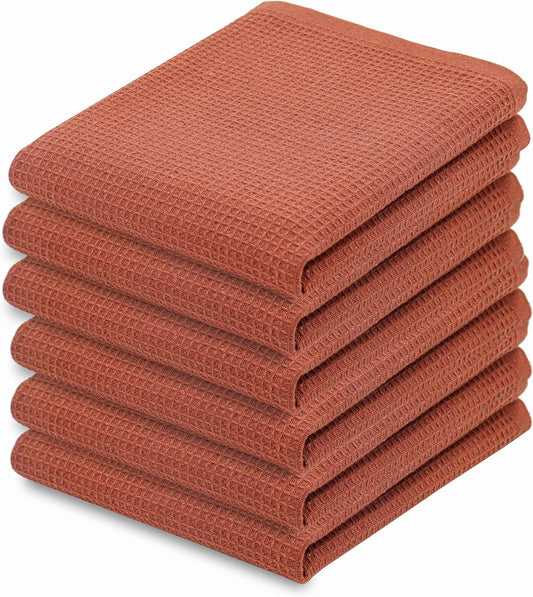 PurpleEssences Rust Waffle Weave Kitchen Towel, 100% Cotton - 15 x 25 Inches, with Hanging Loop Ultra Soft Absorbent Quick Drying Dish Cloth, Tea and Hand Towels, 6 Pack - Spring Summer - Rust