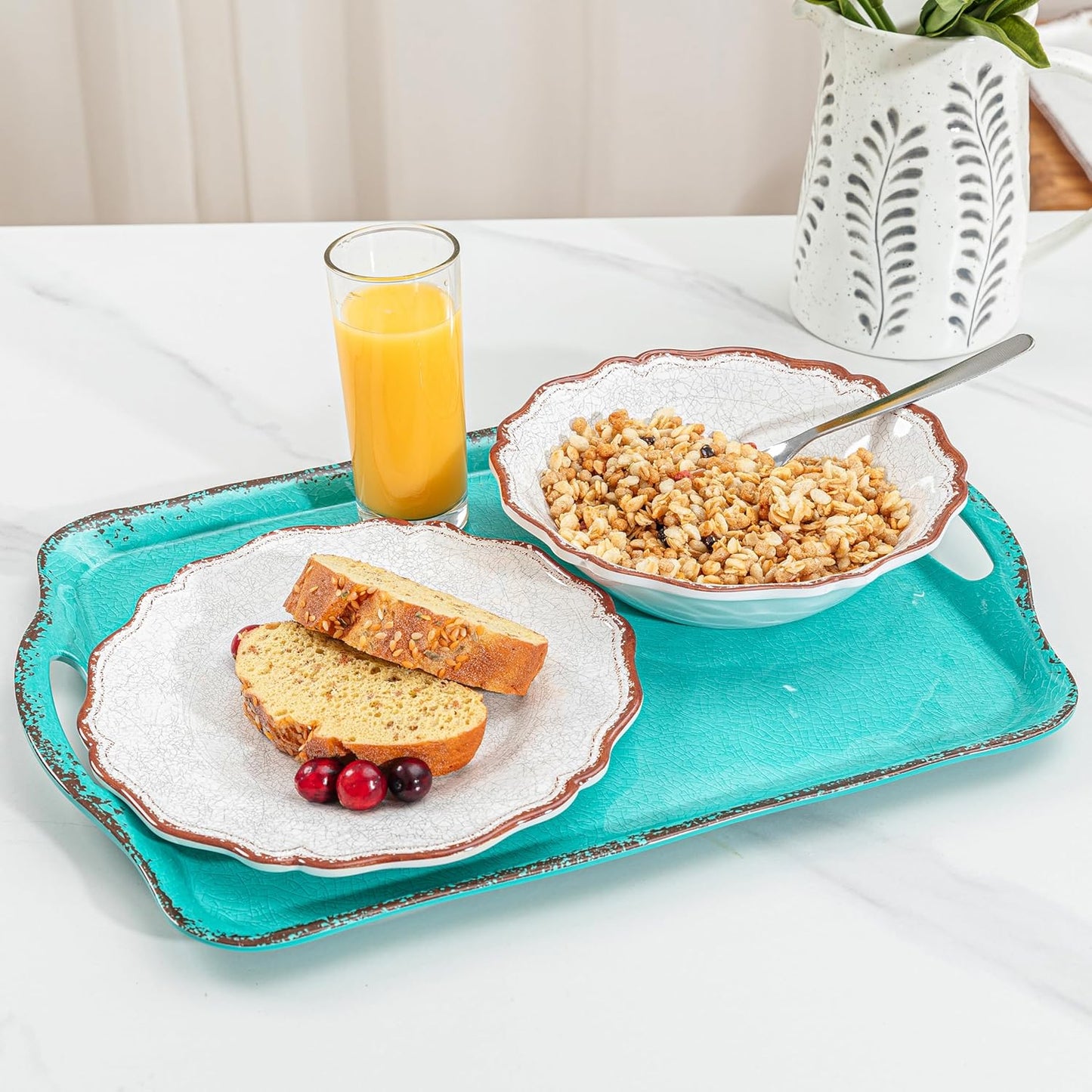 LEHAHA Large Farmhouse Melamine Serving Platters, Serving Tray with Handle for Food, Appetizer, Cupcakes, Dessert, Raised Edge Large Party Platter or TV Dinner Trays, 17.25x12 inch, Set of 2, Teal