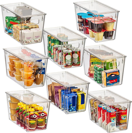 ClearSpace Modern Plastic Storage Bins with Lids Perfect Kitchen Organization or Pantry Fridge Organizer, 8 Pack, Transparent, Rectangular, 12.5" x 6" x 7", 9L Capacity, 8 Compartments